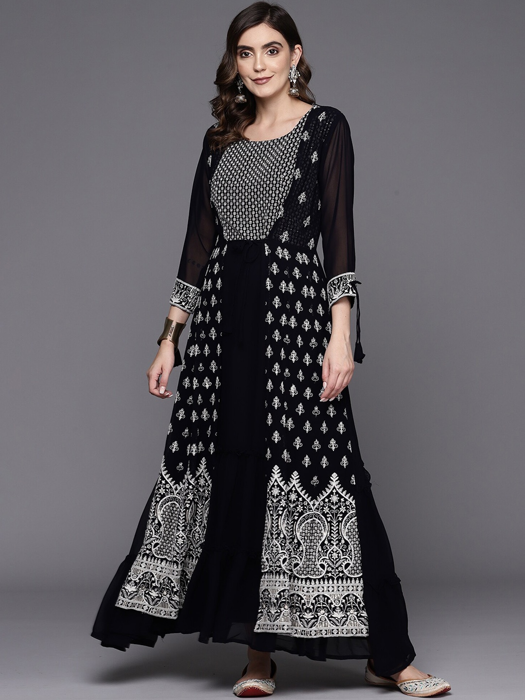 

Indo Era Ethnic Motifs Embroidered Georgette A-Line Ethnic Dress, Navy blue