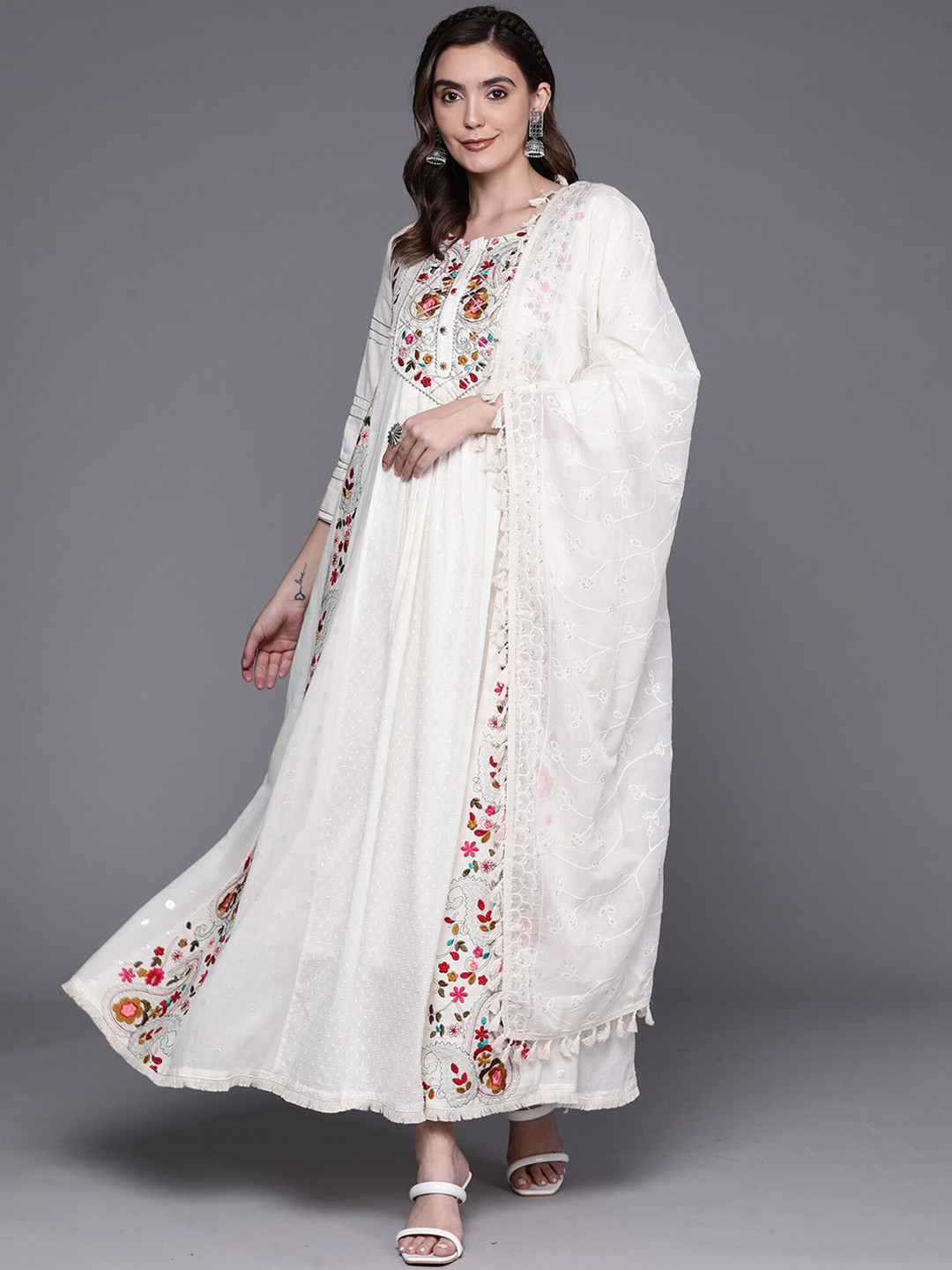 

Indo Era Floral Embroidered A-Line Cotton Ethnic Dress, White
