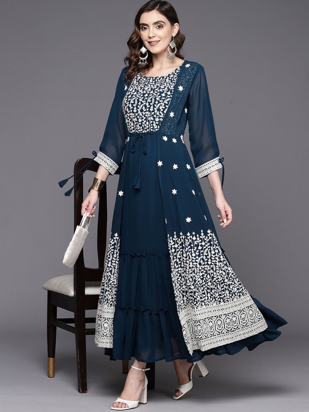 

Indo Era Floral Embroidered Tiered Layered Georgette Ethnic Dress, Teal