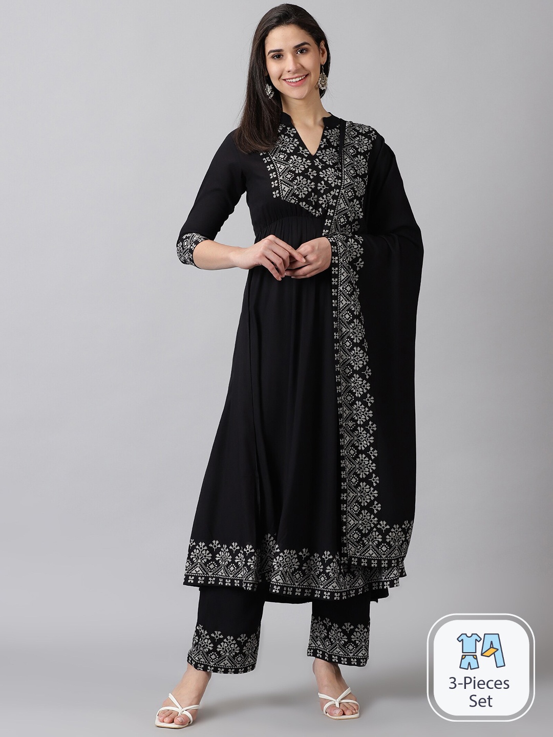 

DK FAB Floral Yoke Design Regular Kurta With Palazzos & Dupatta, Black