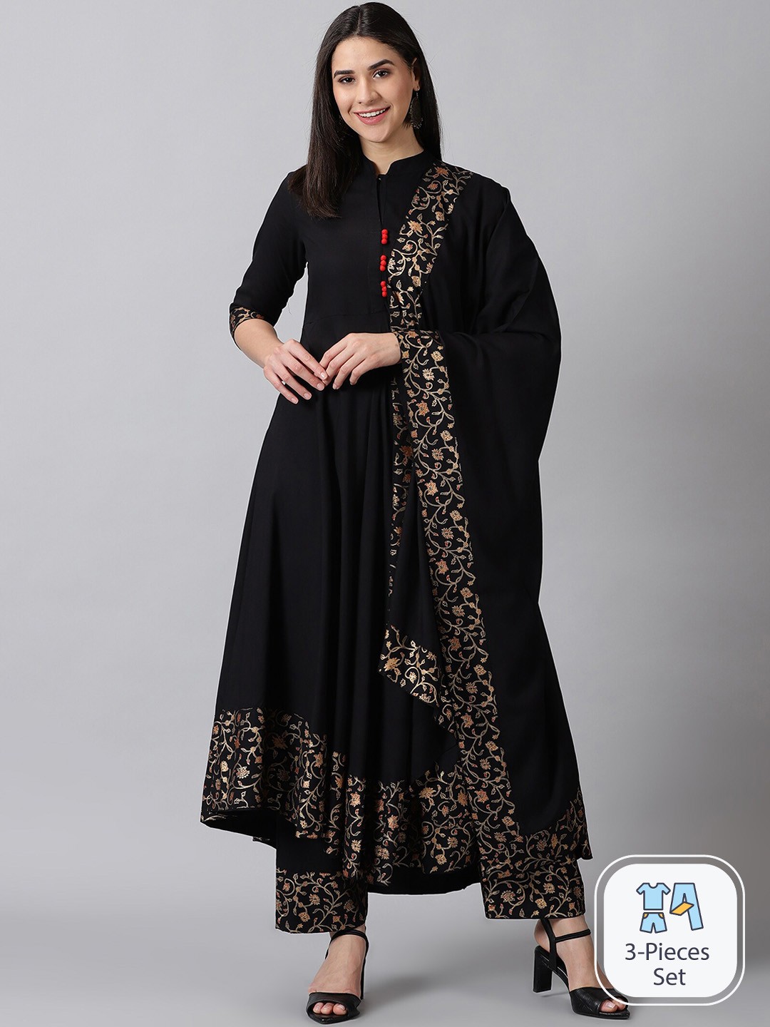 

DK FAB Ethnic Motifs Printed Regular Kurta & Palazzos & With Dupatta, Black
