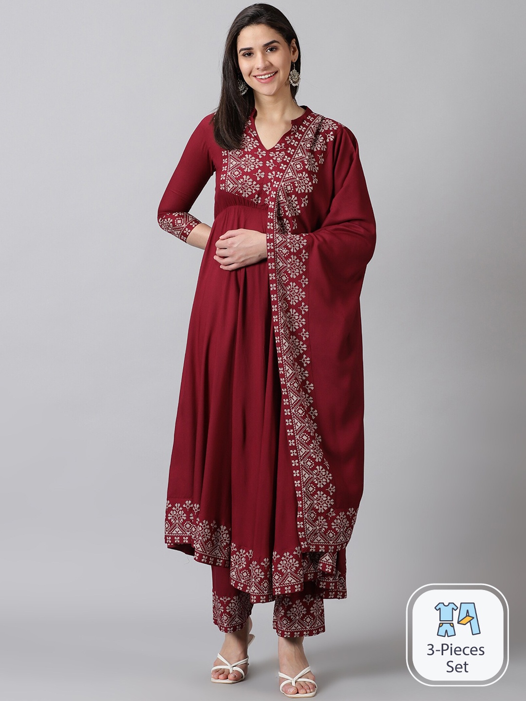 

DK FAB Floral Yoke Design Regular Kurta With Palazzos & Dupatta, Maroon