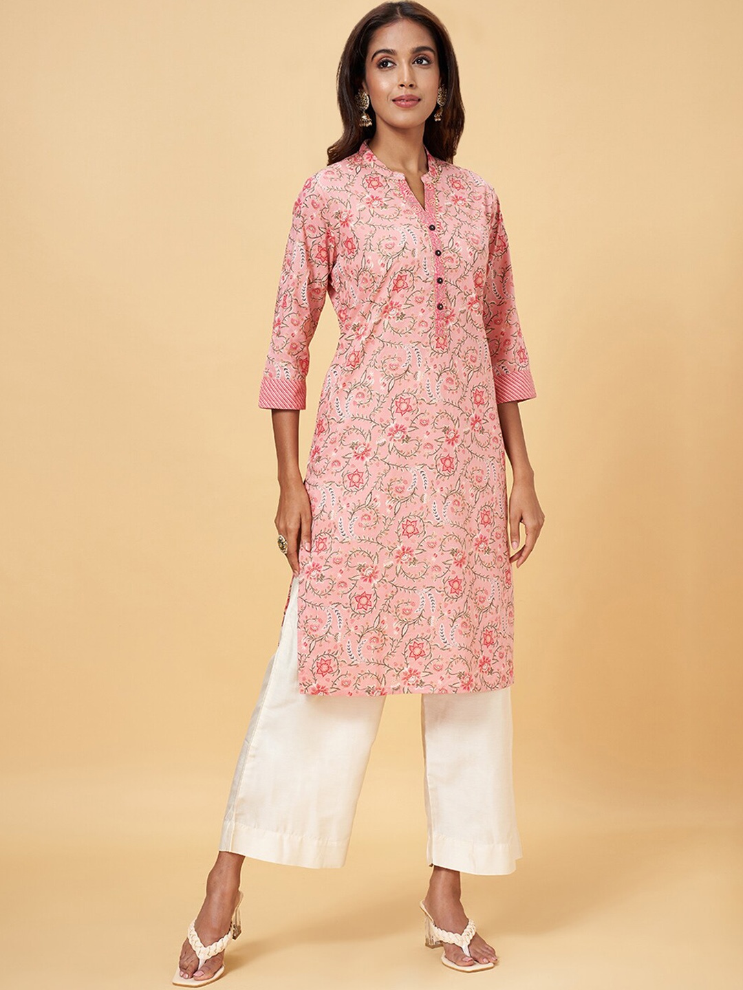 

RANGMANCH BY PANTALOONS Floral Printed Straight Kurta, Peach