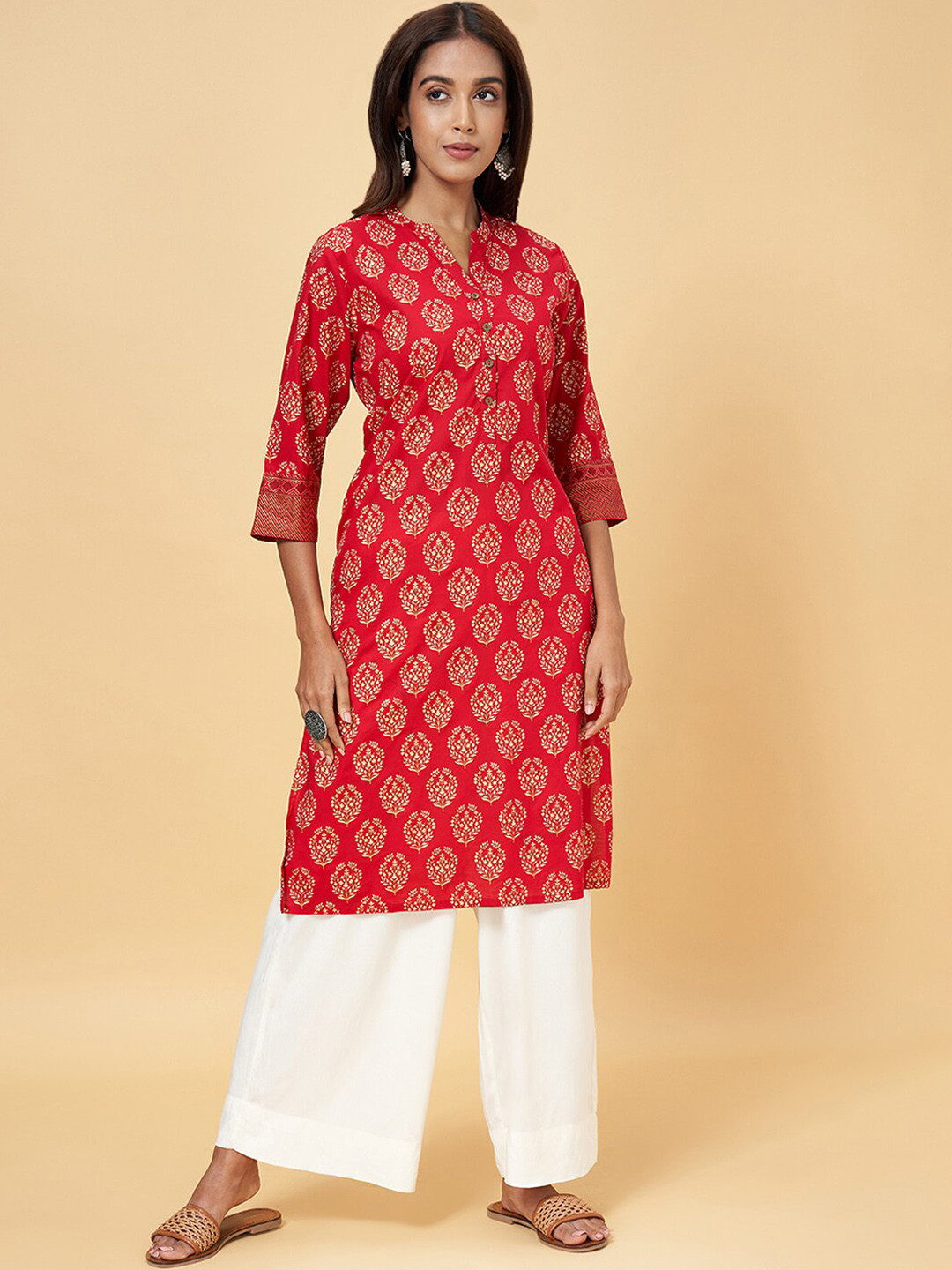 

RANGMANCH BY PANTALOONS Ethnic Motifs Printed Straight Kurta, Red