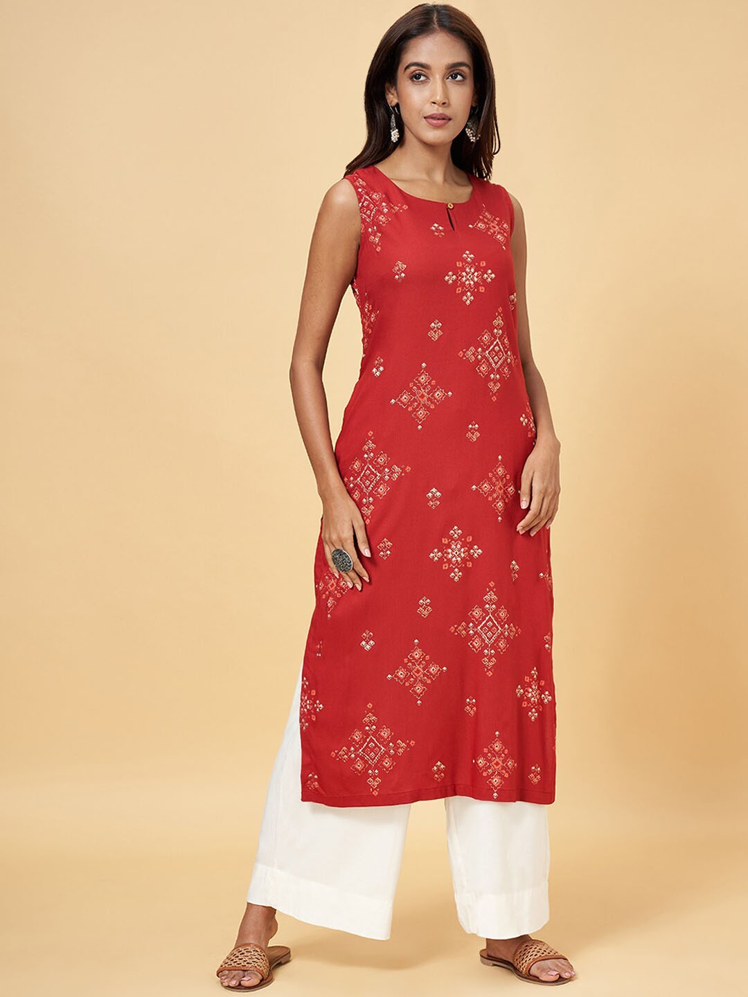 

RANGMANCH BY PANTALOONS Ethnic Motifs Printed Keyhole Neck Sleeveless Straight Kurta, Rust