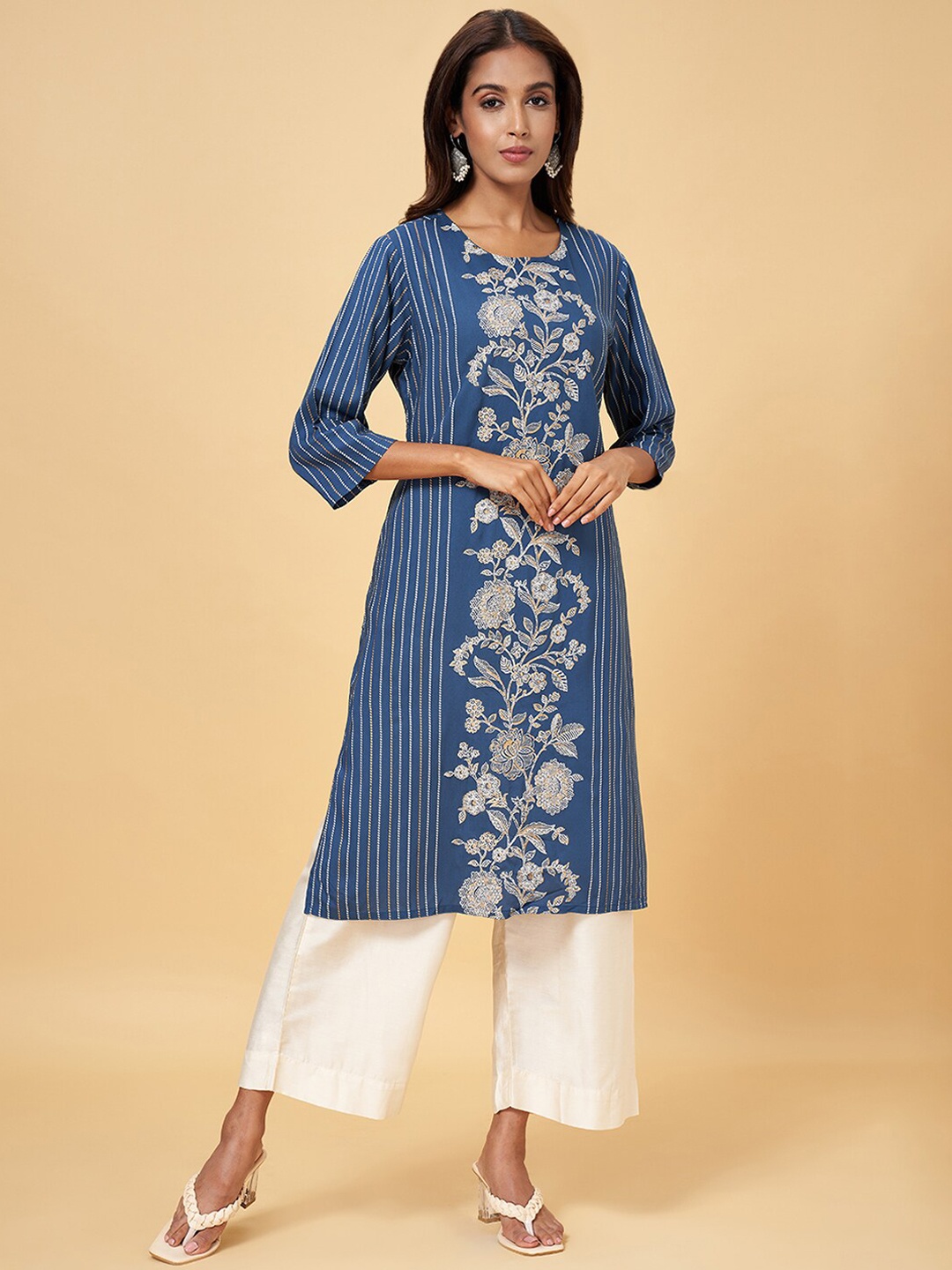 

RANGMANCH BY PANTALOONS Floral Printed Straight Kurta, Blue