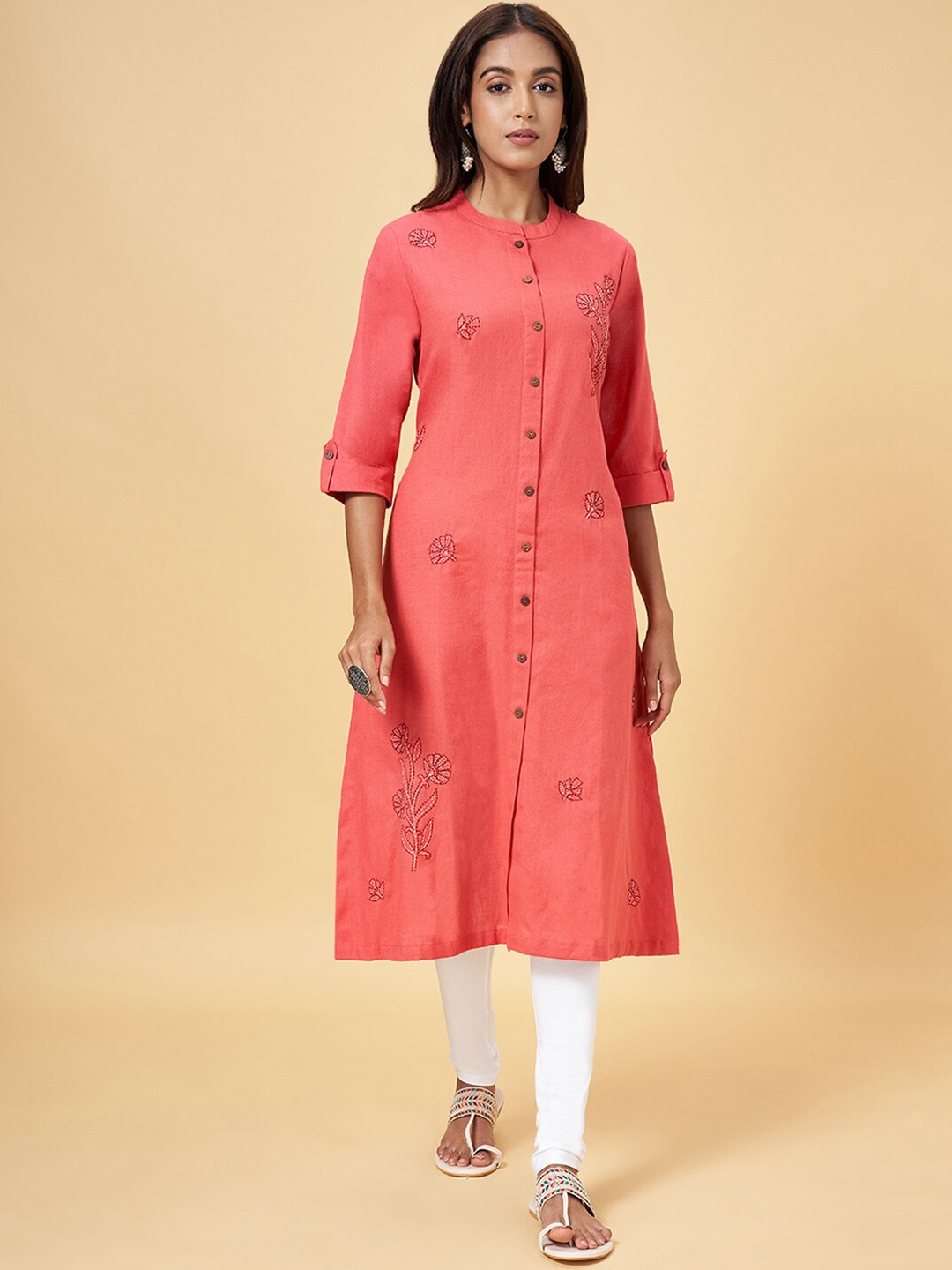 

RANGMANCH BY PANTALOONS Floral Embroidered Thread Work Kurta, Coral