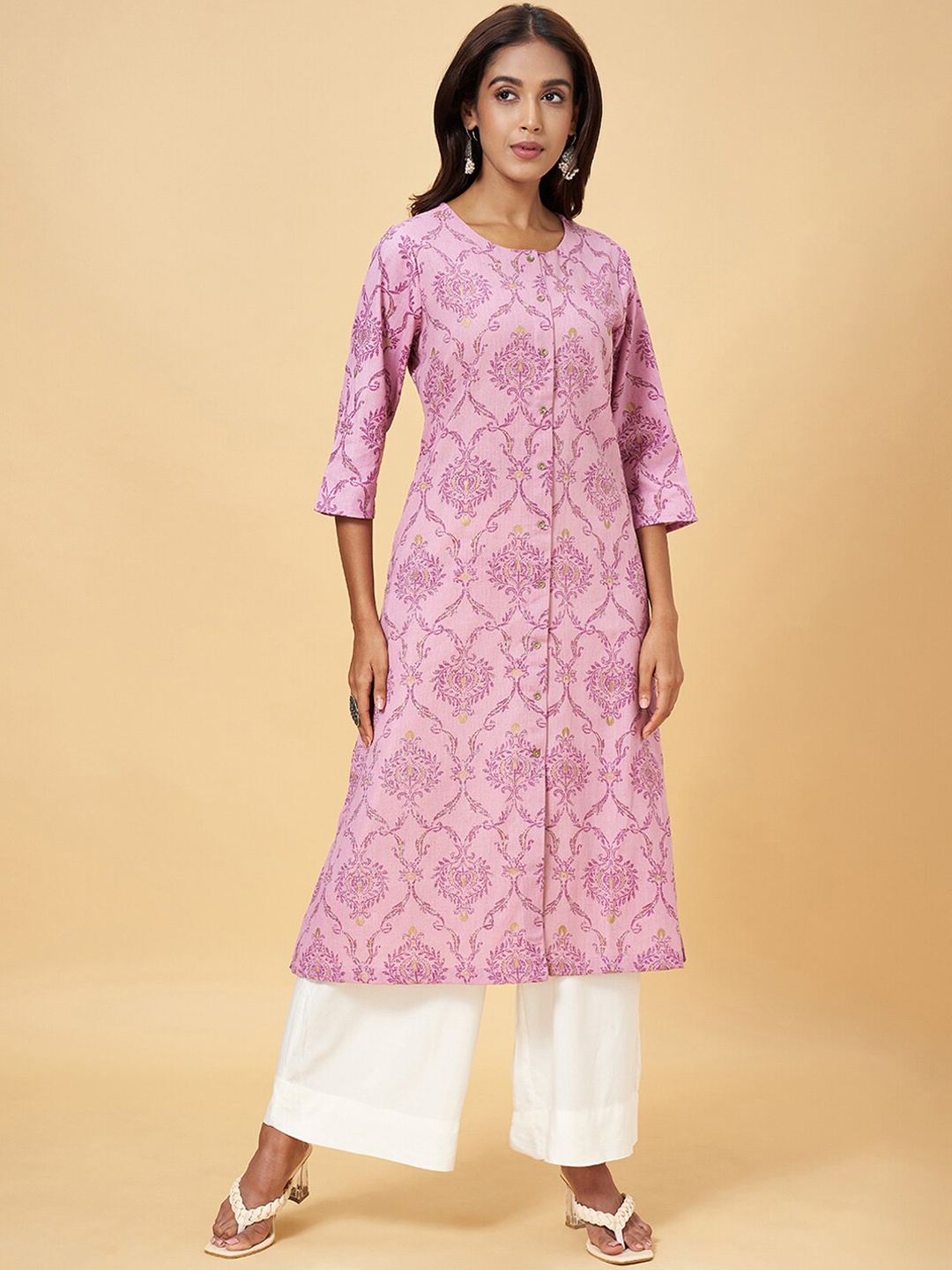 

RANGMANCH BY PANTALOONS Ethnic Motifs Printed A-line Kurta, Lavender