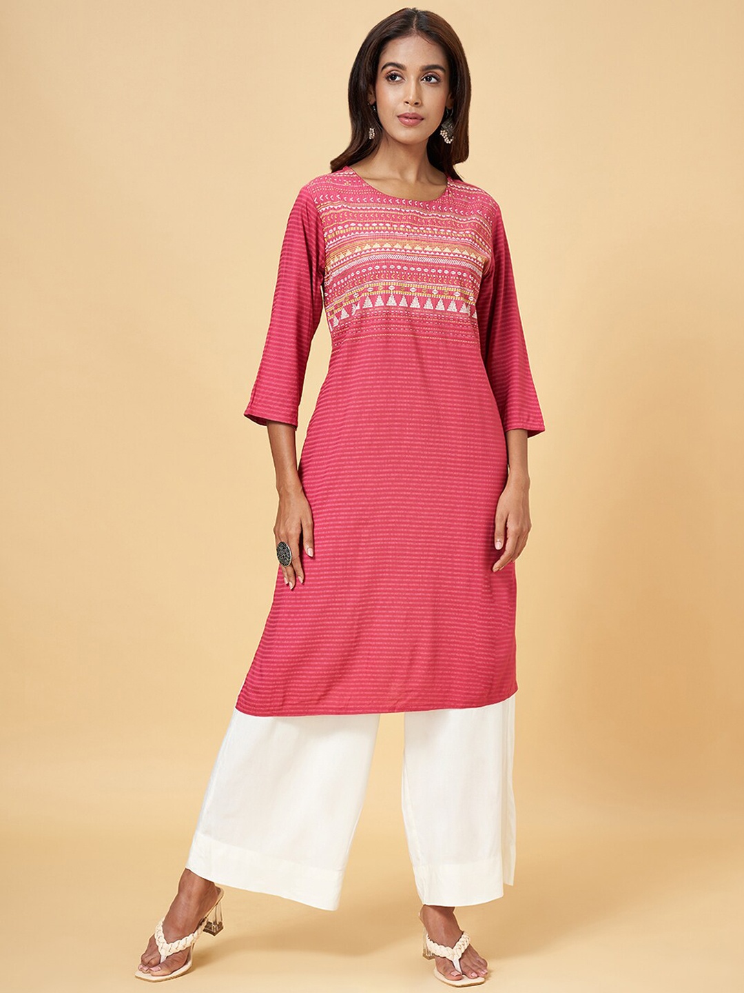 

RANGMANCH BY PANTALOONS Striped A-line Kurta, Coral