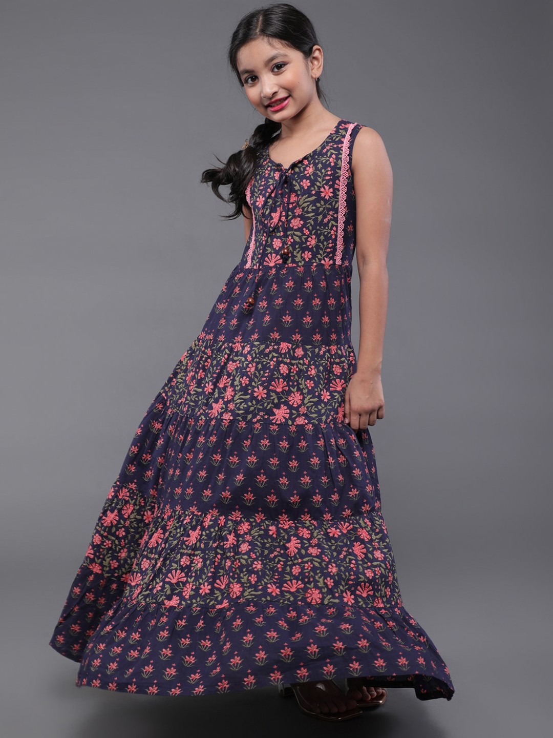 

Aks Kids Girls Floral Printed Tiered Gathered Cotton Maxi Dress, Blue