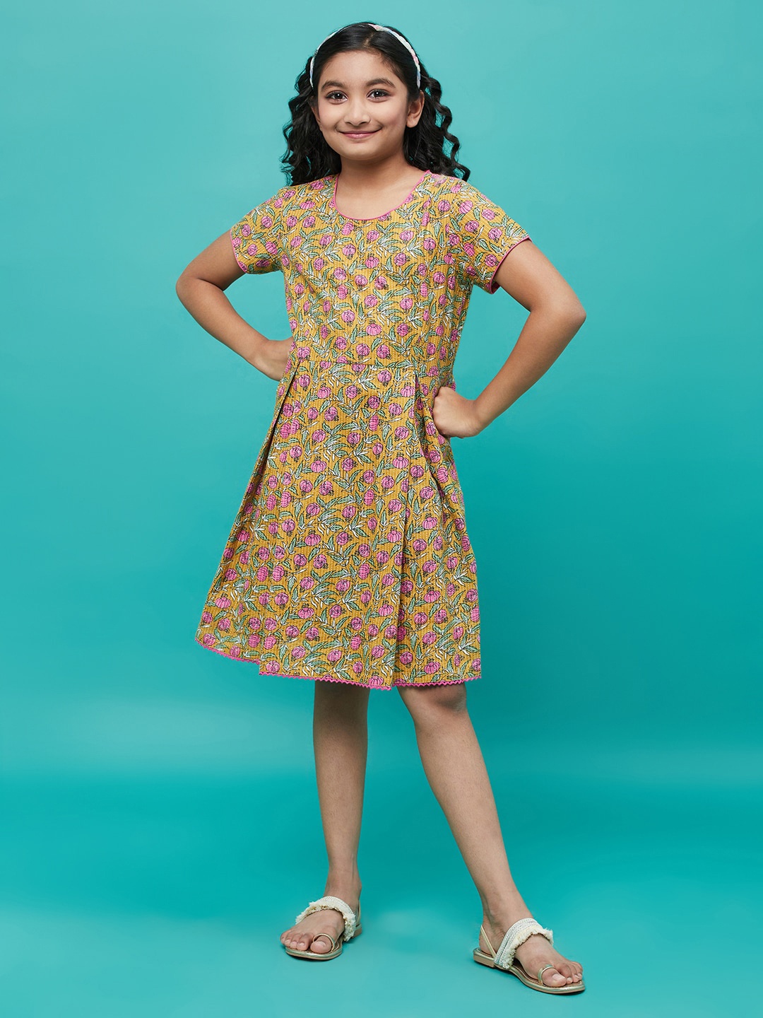 

Aks Kids Girls Floral Printed Pleated Cotton A-Line Dress, Mustard