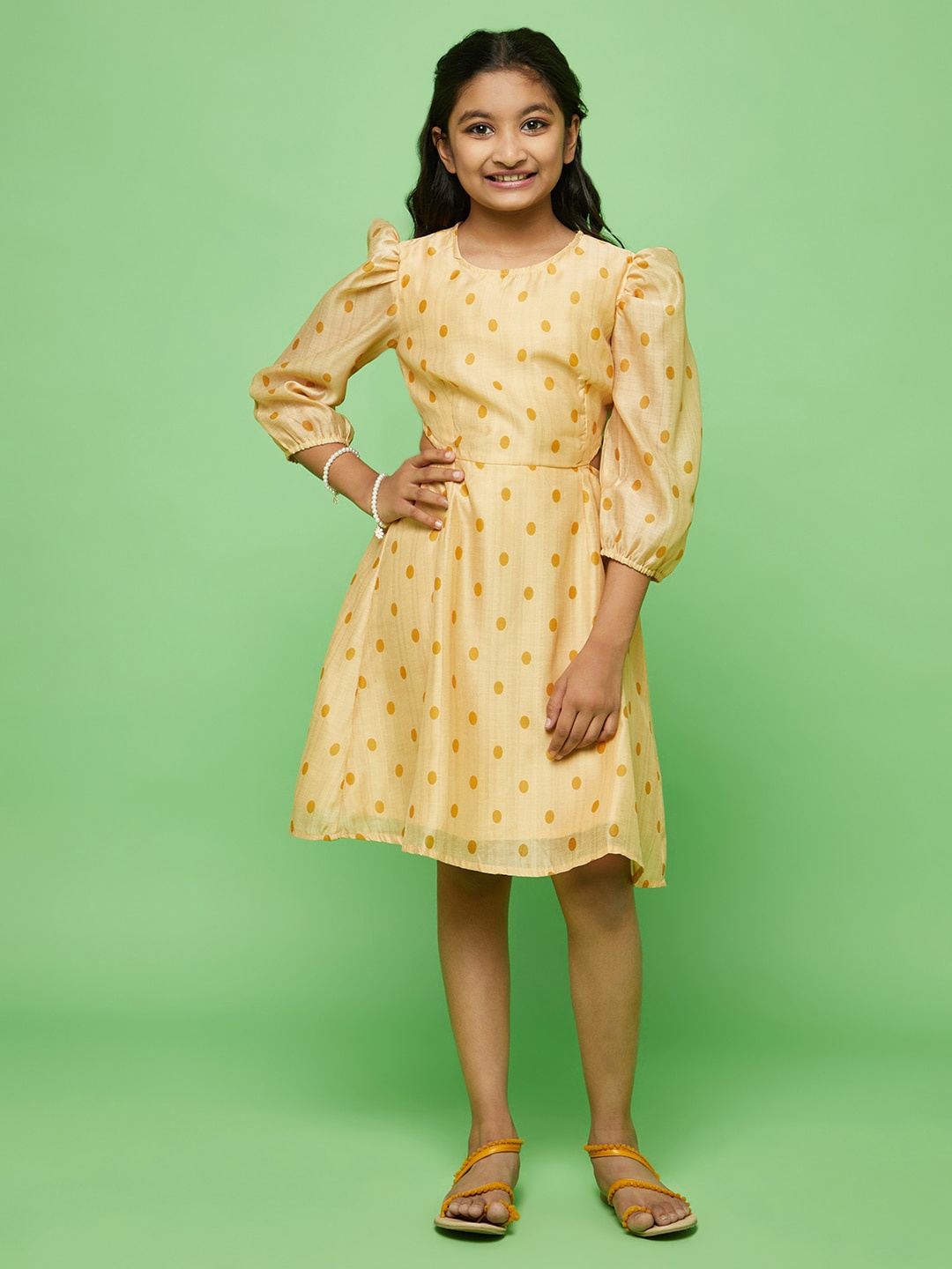 

Aks Kids Girls Polka Dot Printed Puff Sleeve Modal A-Line Dress, Cream