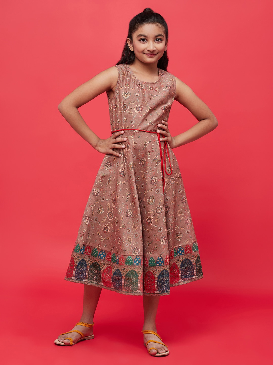 

Aks Kids Girls Ethnic motifs Printed Tie Ups Fit & Flare Dress With Belt, Brown