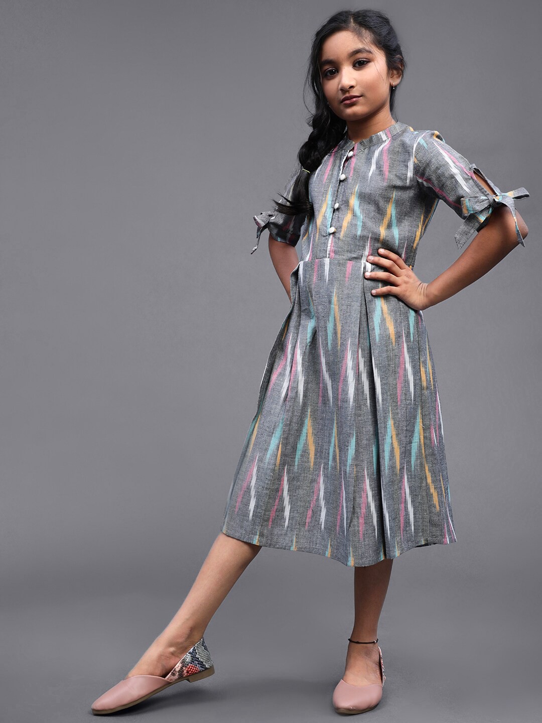 

Aks Kids Girls Abstract Ikat Cotton A-Line Dress, Grey