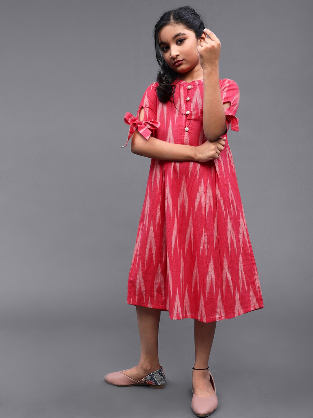 

Aks Kids Girls Geometric Printed Mandarin Collar Cotton A-Line Dress, Pink
