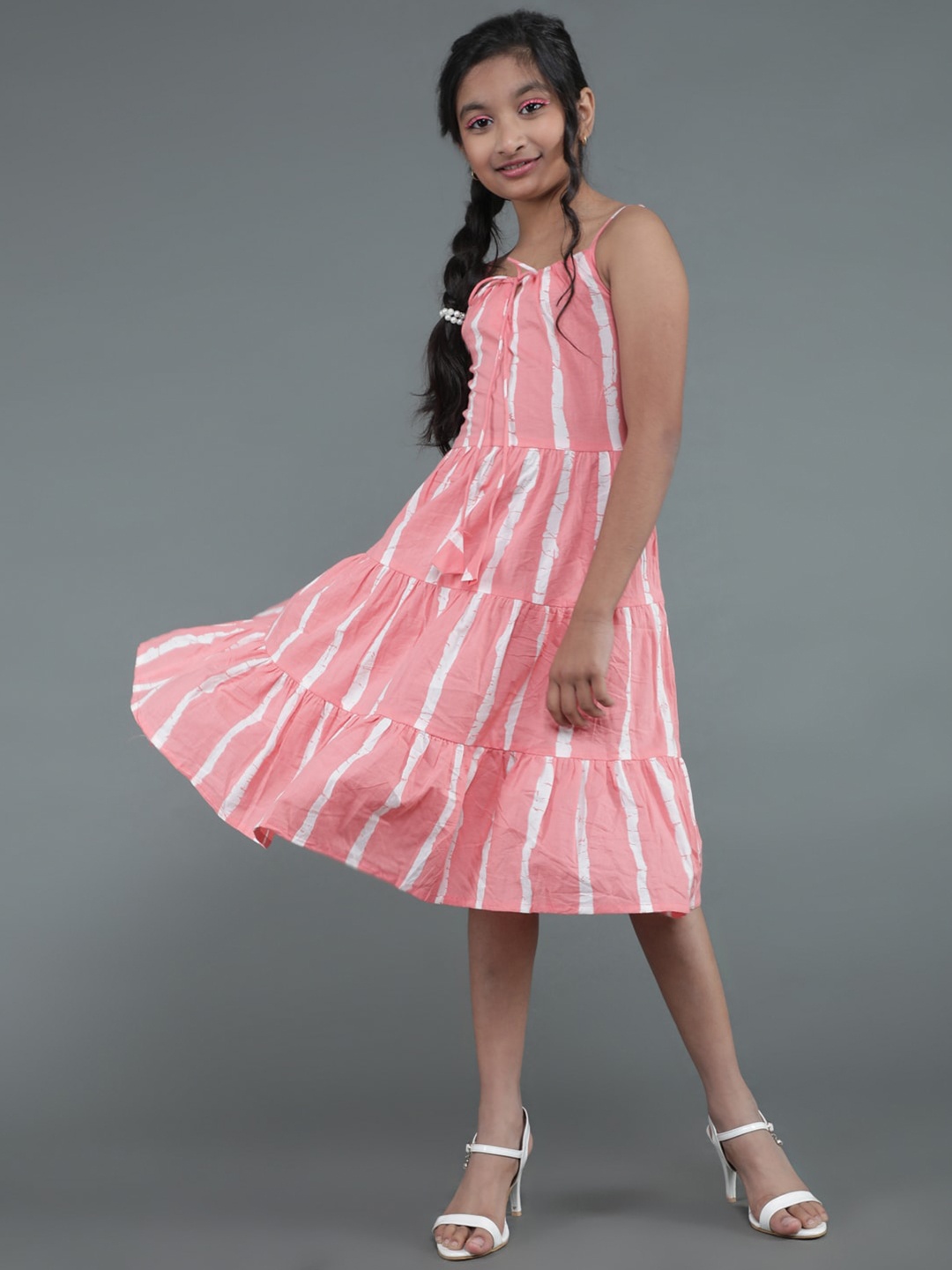 

Aks Kids Girls Abstract Printed Tiered Cotton A-Line Dress, Peach