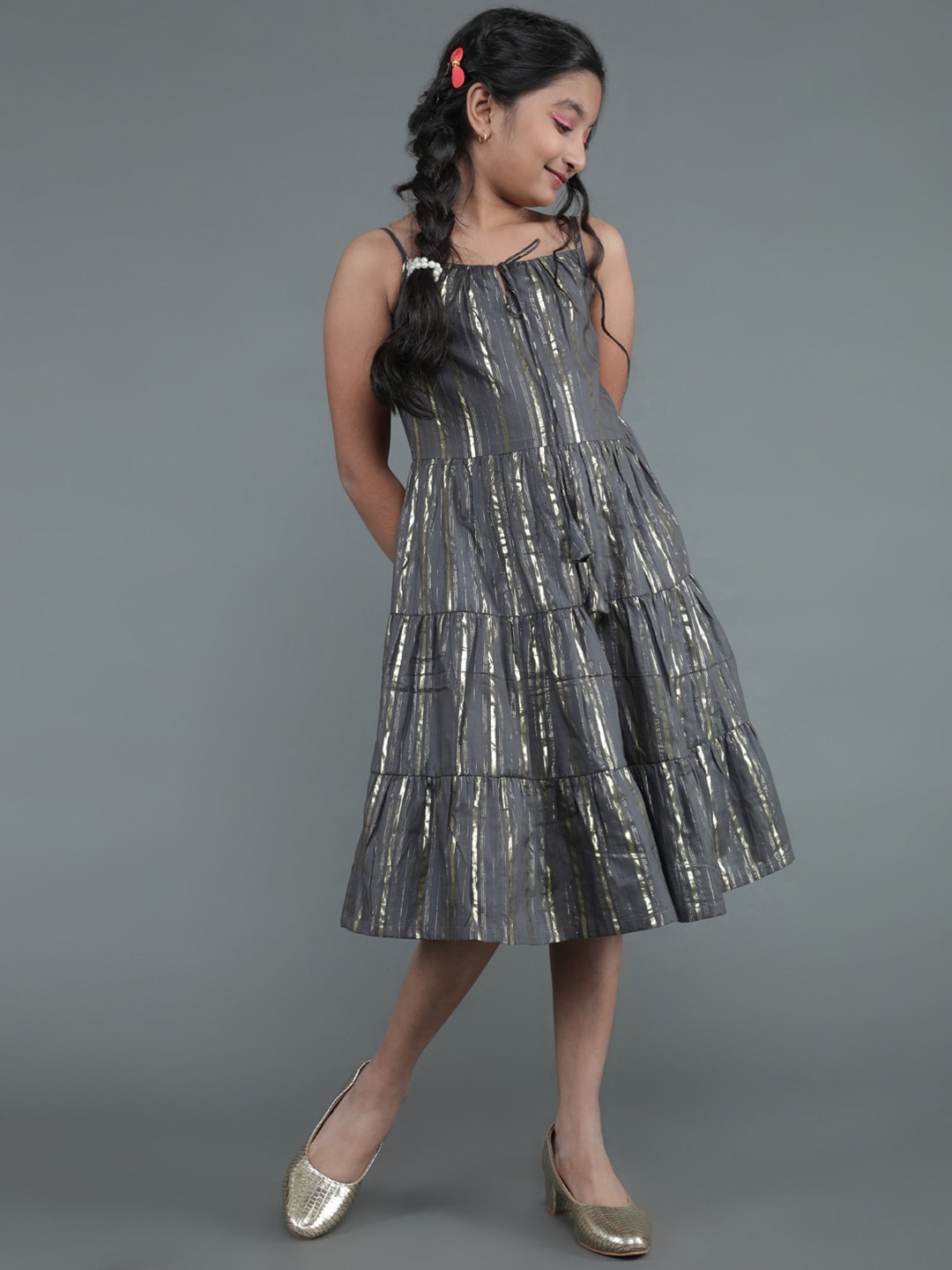 

Aks Kids Girls Striped Printed Square Neck Tiered Cotton A-Line Midi Dress, Grey