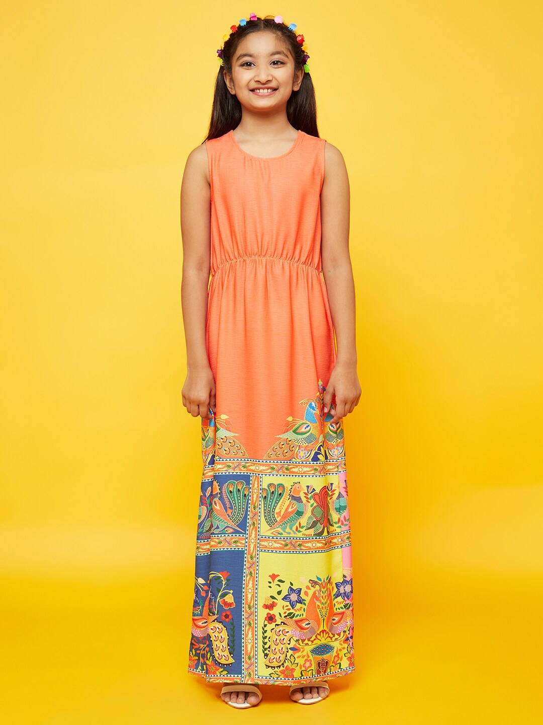 

Aks Kids Girls Ethnic Motifs Printed Sleeveless Maxi Dress, Orange