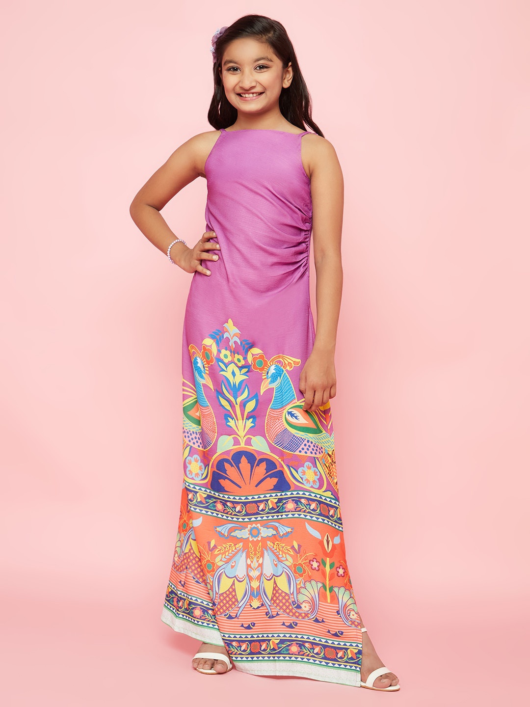 

Aks Kids Girls Ethnic Motifs Printed Shoulder Straps Maxi Dress, Purple