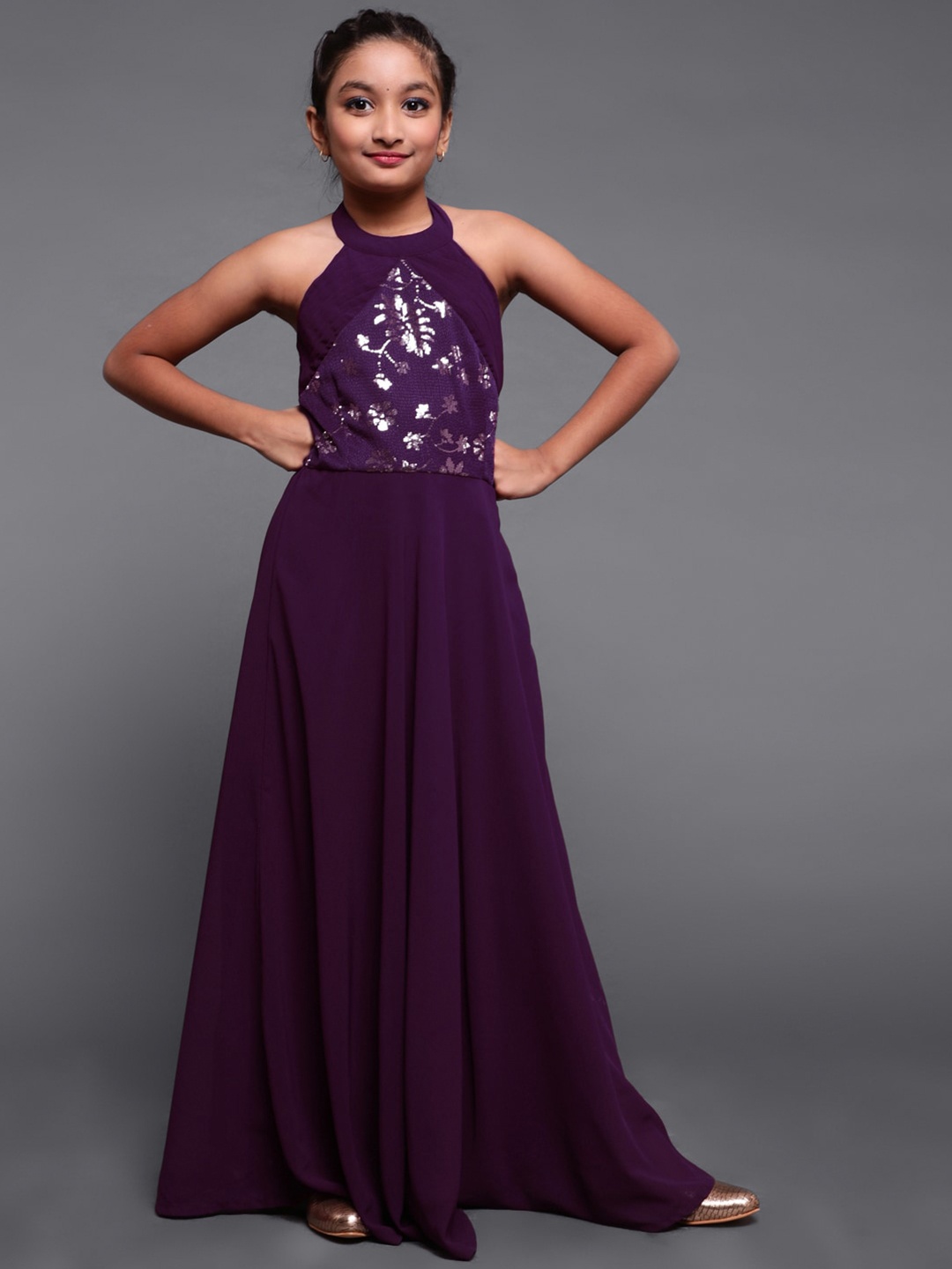 

Aks Kids Girls Sequined Embellished Halter Neck Maxi Dress, Purple