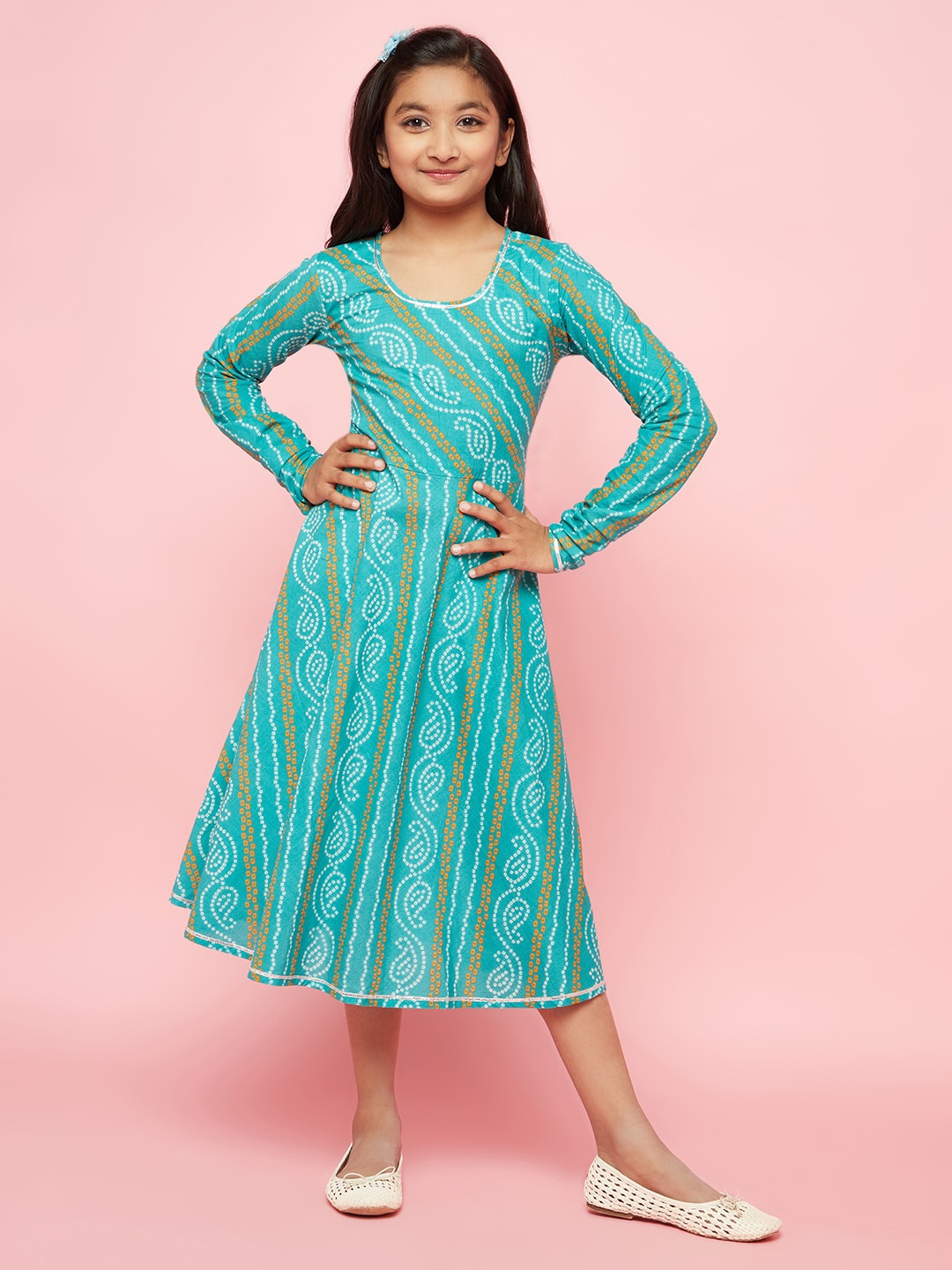 

Aks Kids Girls Ethnic Motifs Bandhani Printed Cotton A-Line Dress, Blue