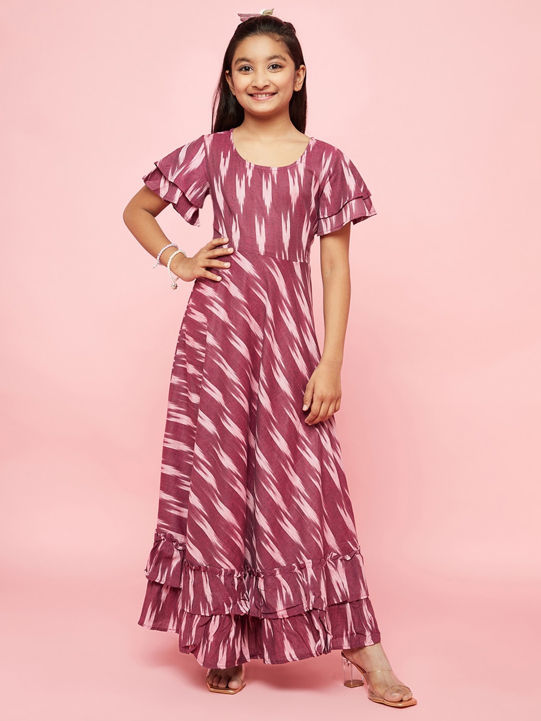 

Aks Kids Girls Ethnic Motifs Ikat Printed Flared Sleeves Cotton A-Line Dress, Burgundy