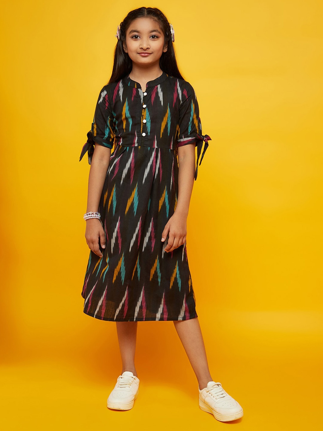 

Aks Kids Girls Abstract Ikat Cotton A-Line Dress, Black
