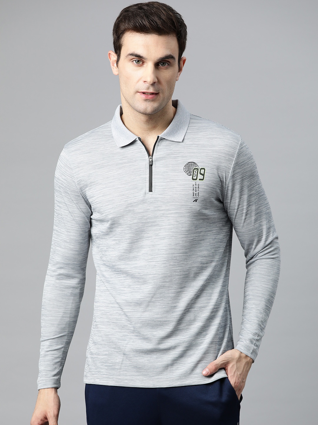 

Alcis Men Graphic Printed Polo Collar Dry Tech Slim Fit T-shirt, Grey