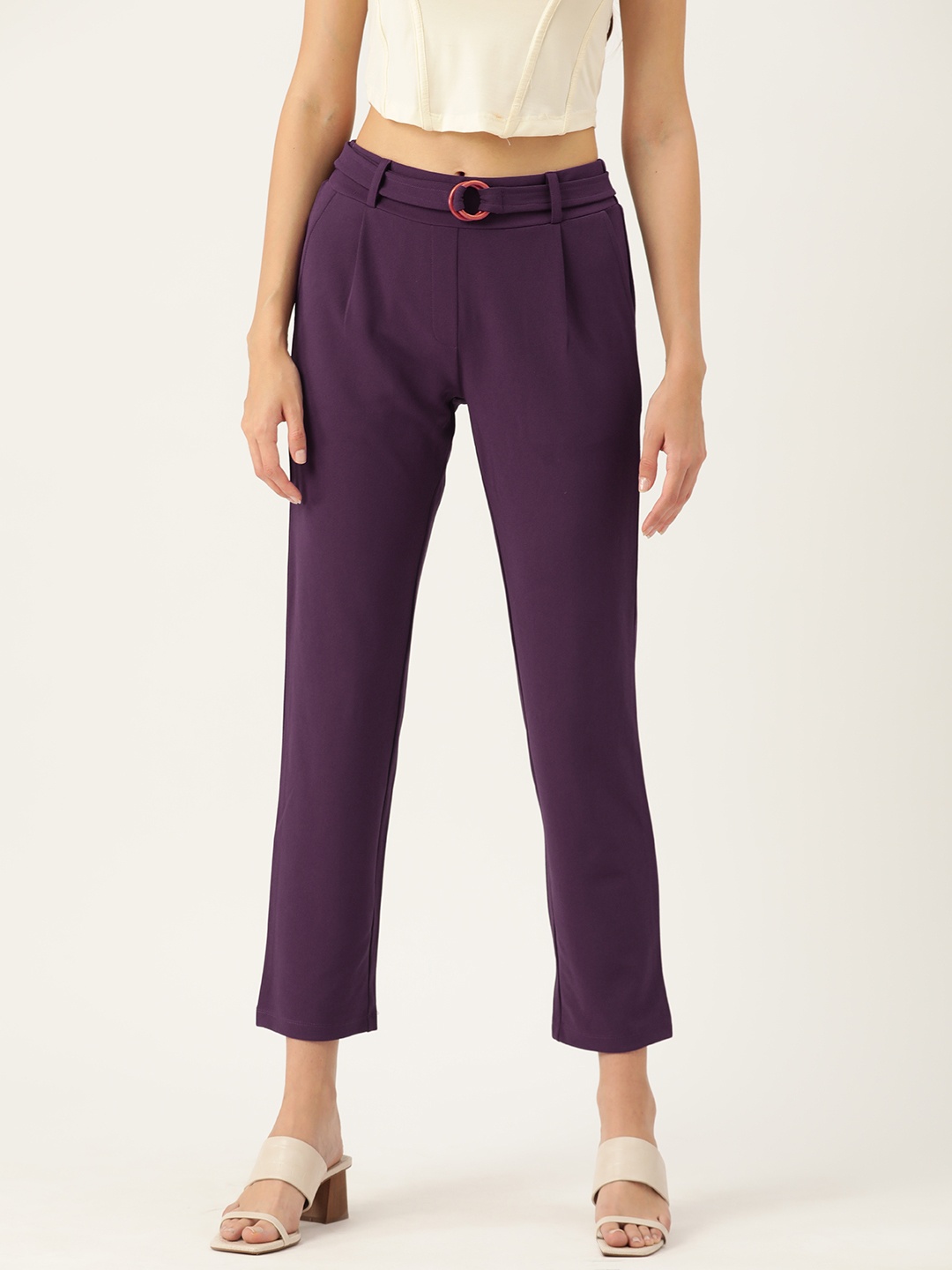 

DressBerry Pleated Cropped Trousers with Belt, Purple