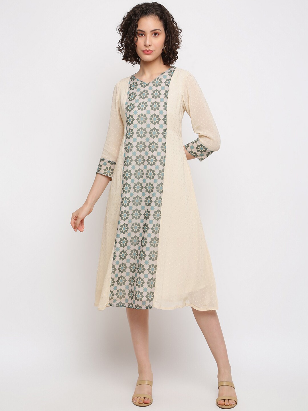 

IMARA Ethnic Motifs Printed A-Line Midi Dress, Beige