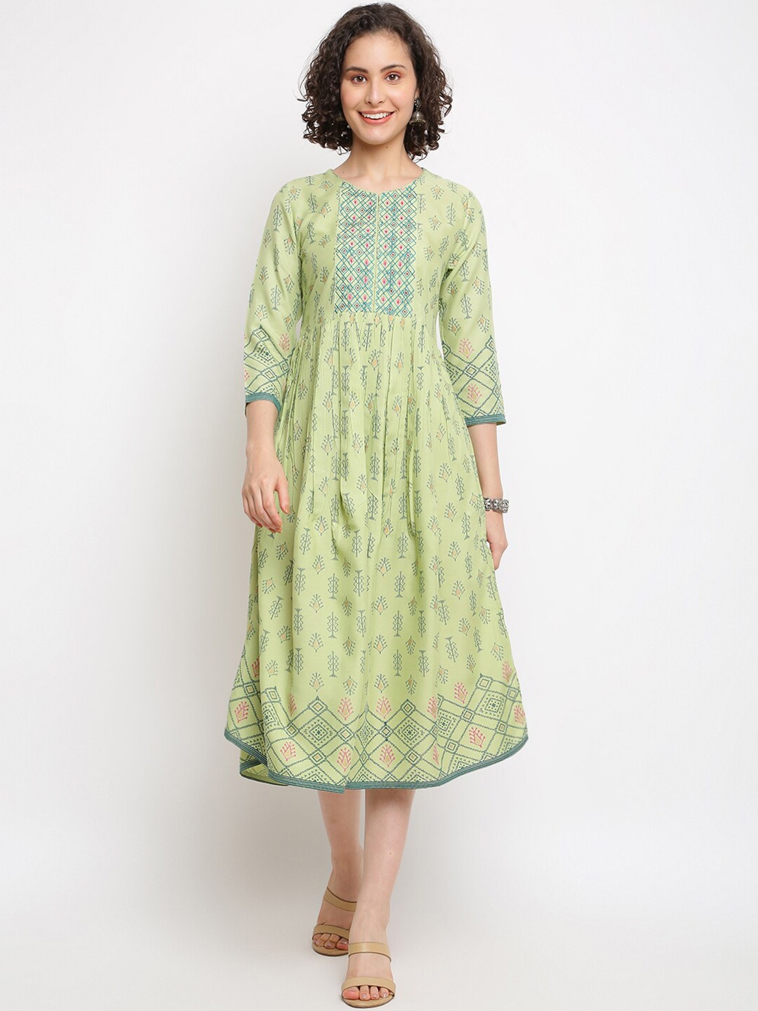 

IMARA Ethnic Motifs Printed A-Line Midi Dress, Green