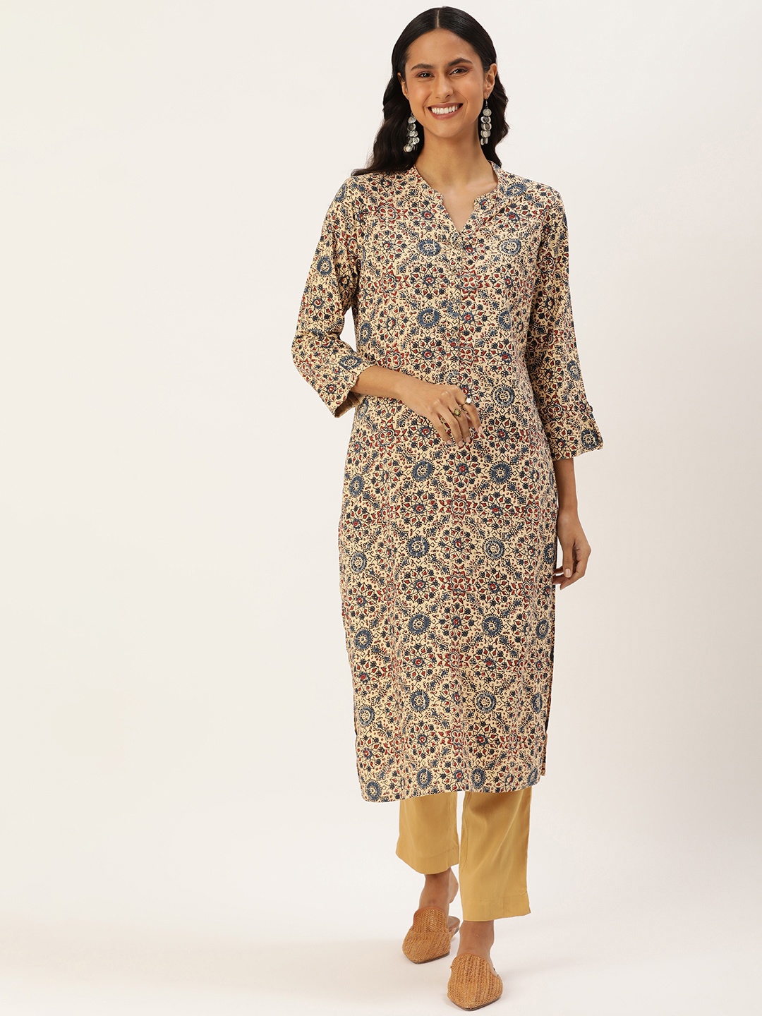 

AMUKTI Ethnic Motifs Printed Mandarin Collar Kurta, Beige
