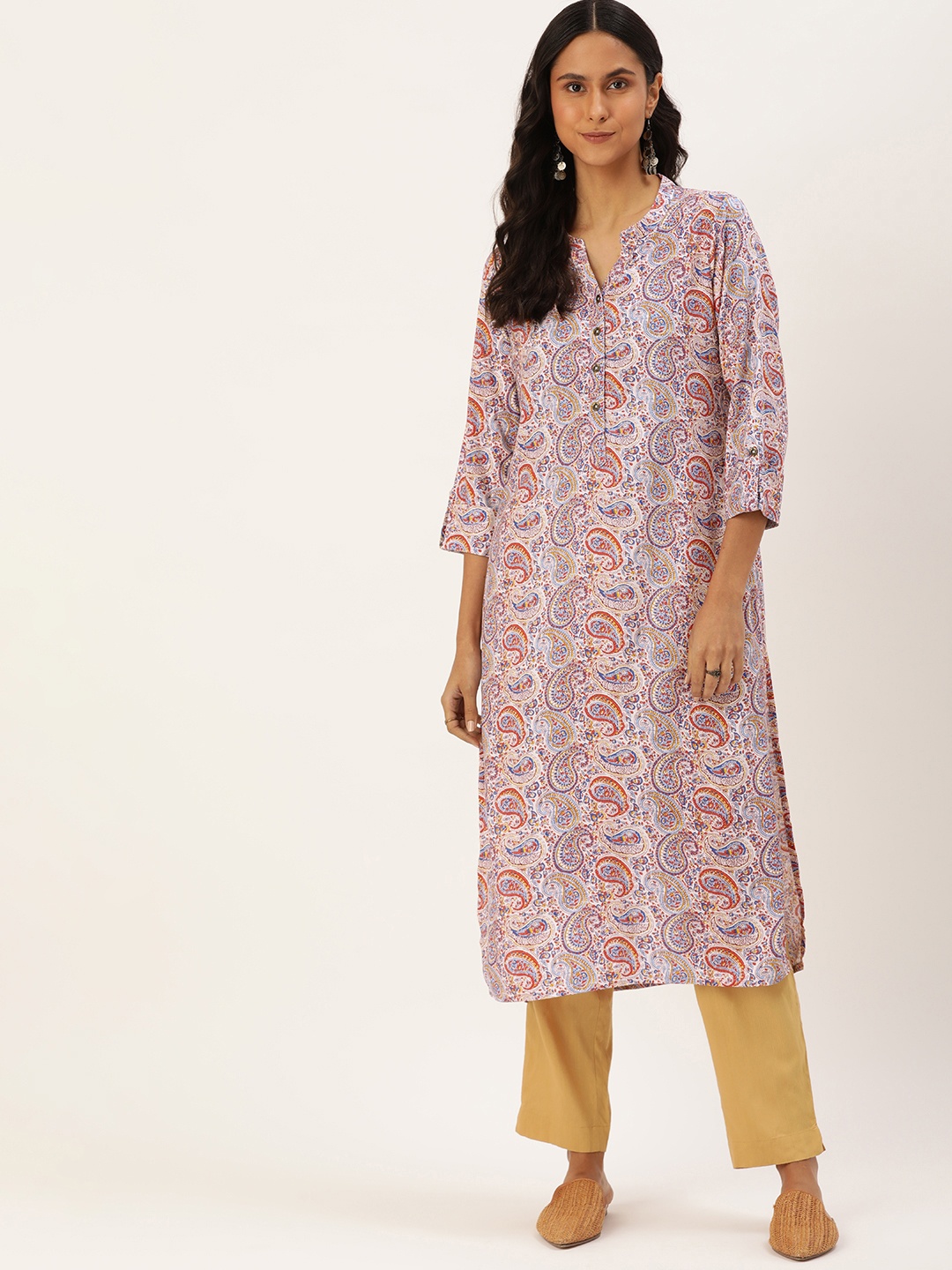 

AMUKTI Paisley Printed Mandarin Collar Kurta, Pink