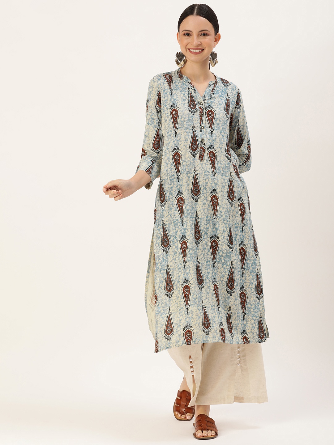 

AMUKTI Ethnic Motifs Printed Mandarin Collar Kurta, Blue