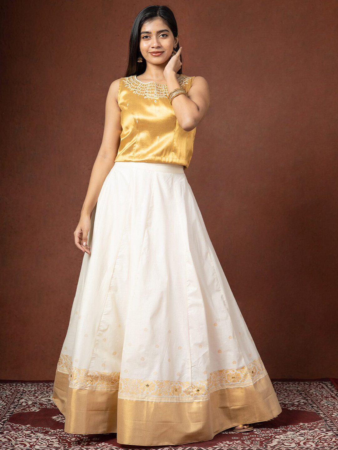 

Maybell Ethnic Motifs Embroidered Thread Work Ready to Wear Lehenga Choli, Gold