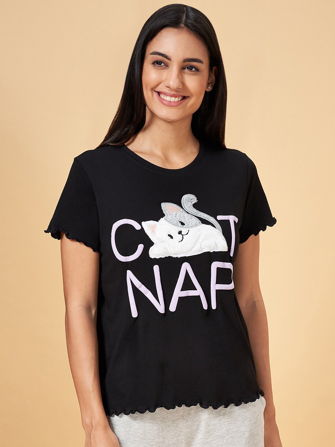 

Dreamz by Pantaloons Printed Cotton Lounge T-shirts, Black