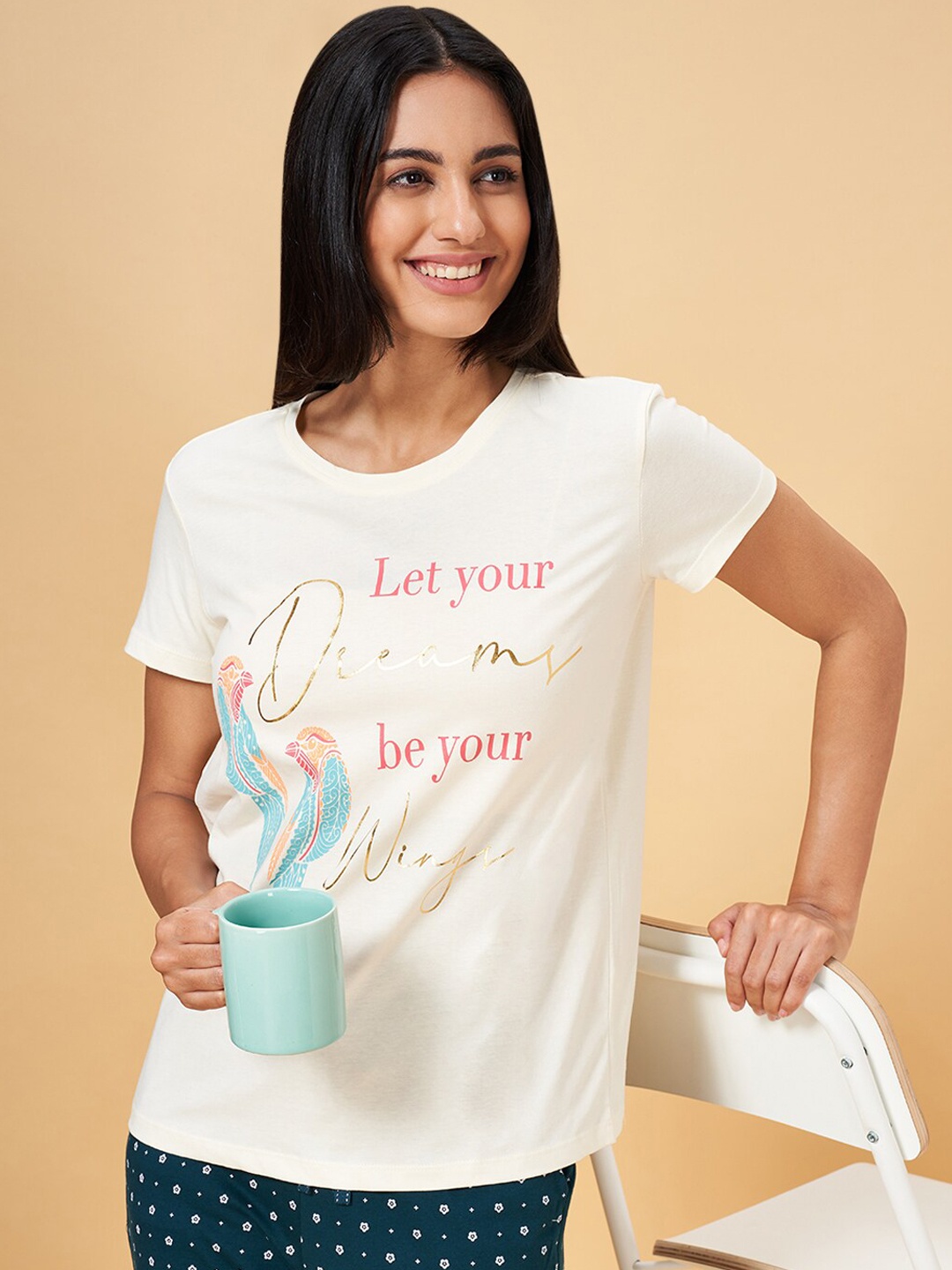 

Dreamz by Pantaloons Printed Cotton Lounge T-shirts, Cream