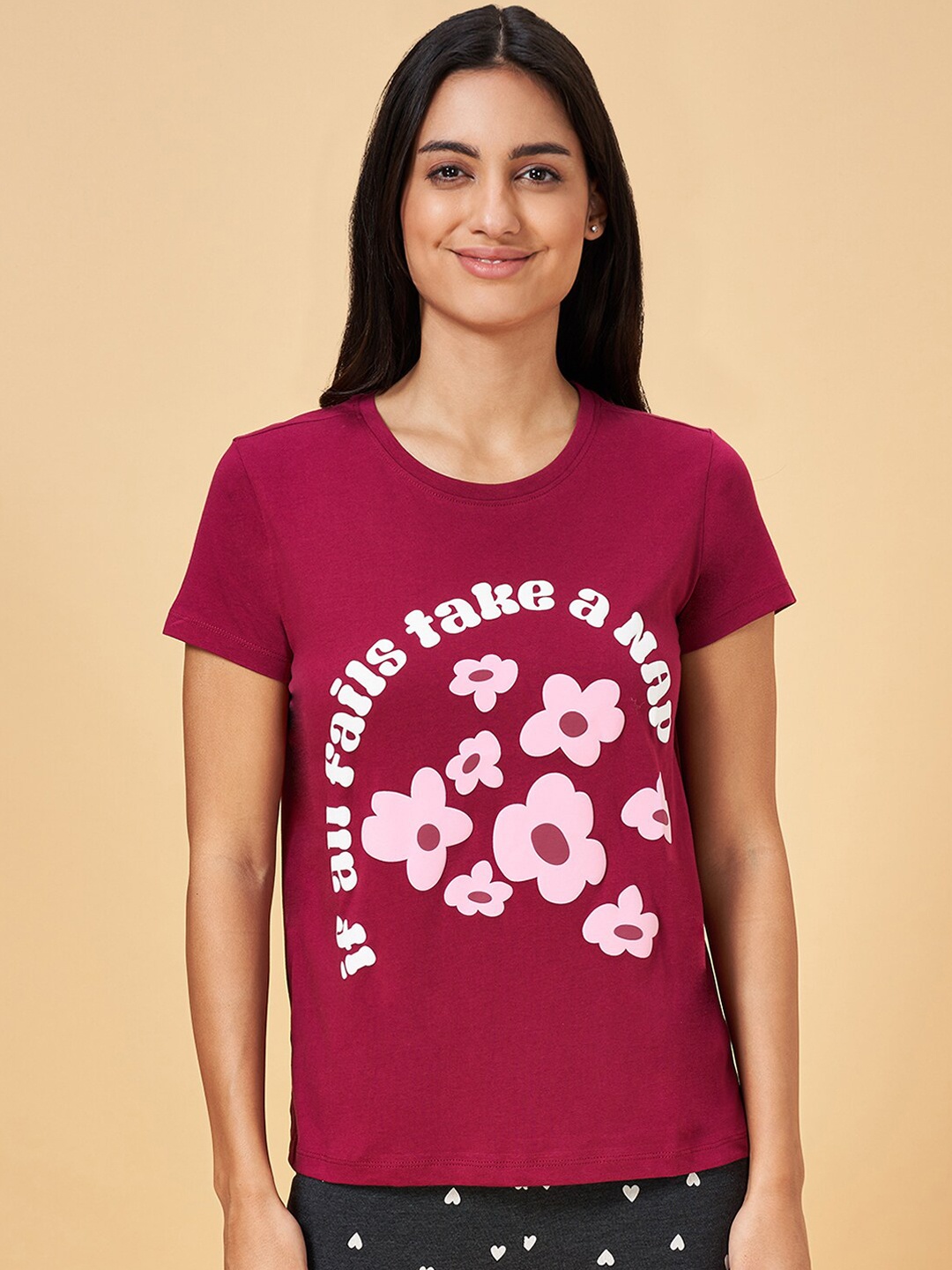

Dreamz by Pantaloons Printed Cotton Lounge T-shirts, Burgundy