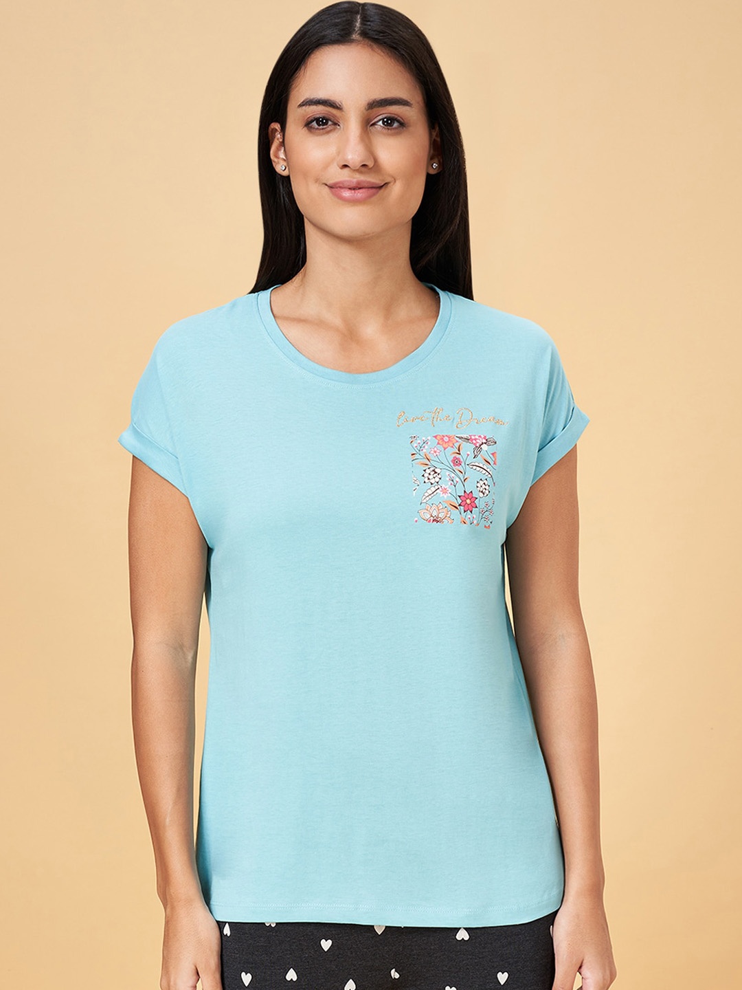 

Dreamz by Pantaloons Floral Printed Cotton Lounge T-shirts, Blue