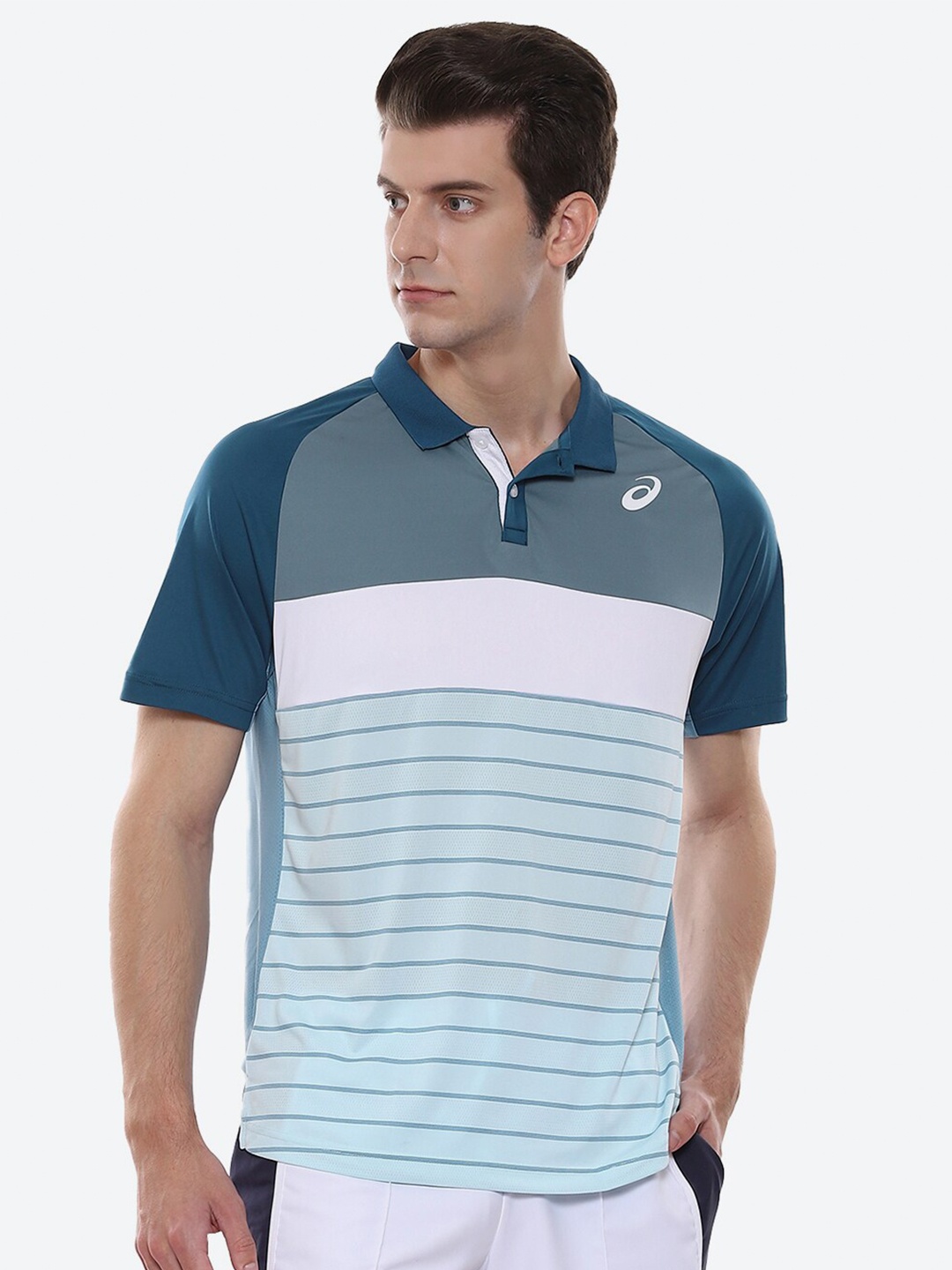 

ASICS Court Striped Polo Collar Sports T-Shirt, Blue