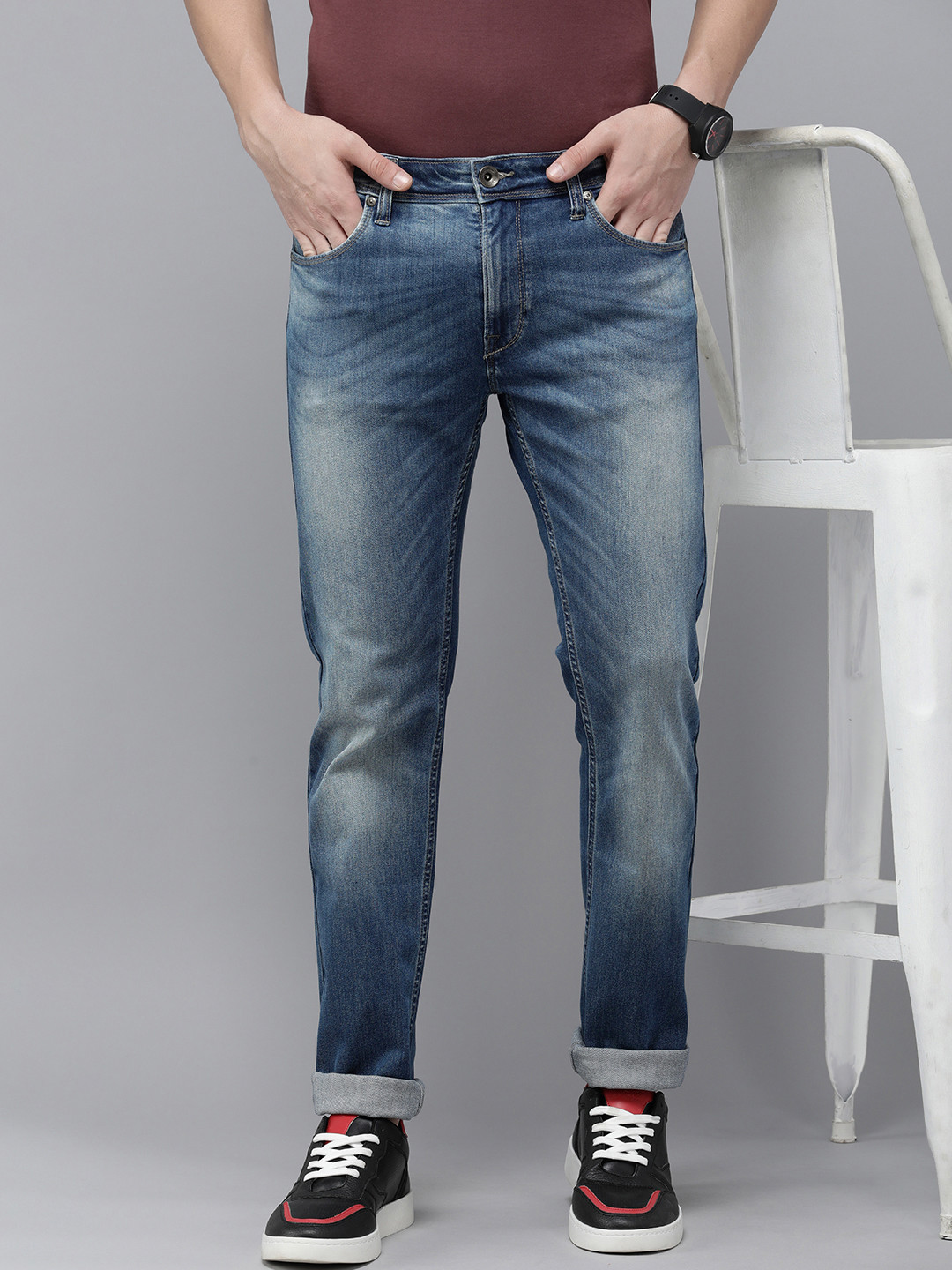 

Pepe Jeans Men Vapour Slim Fit Heavy Fade Stretchable Mid-Rise Jeans, Blue