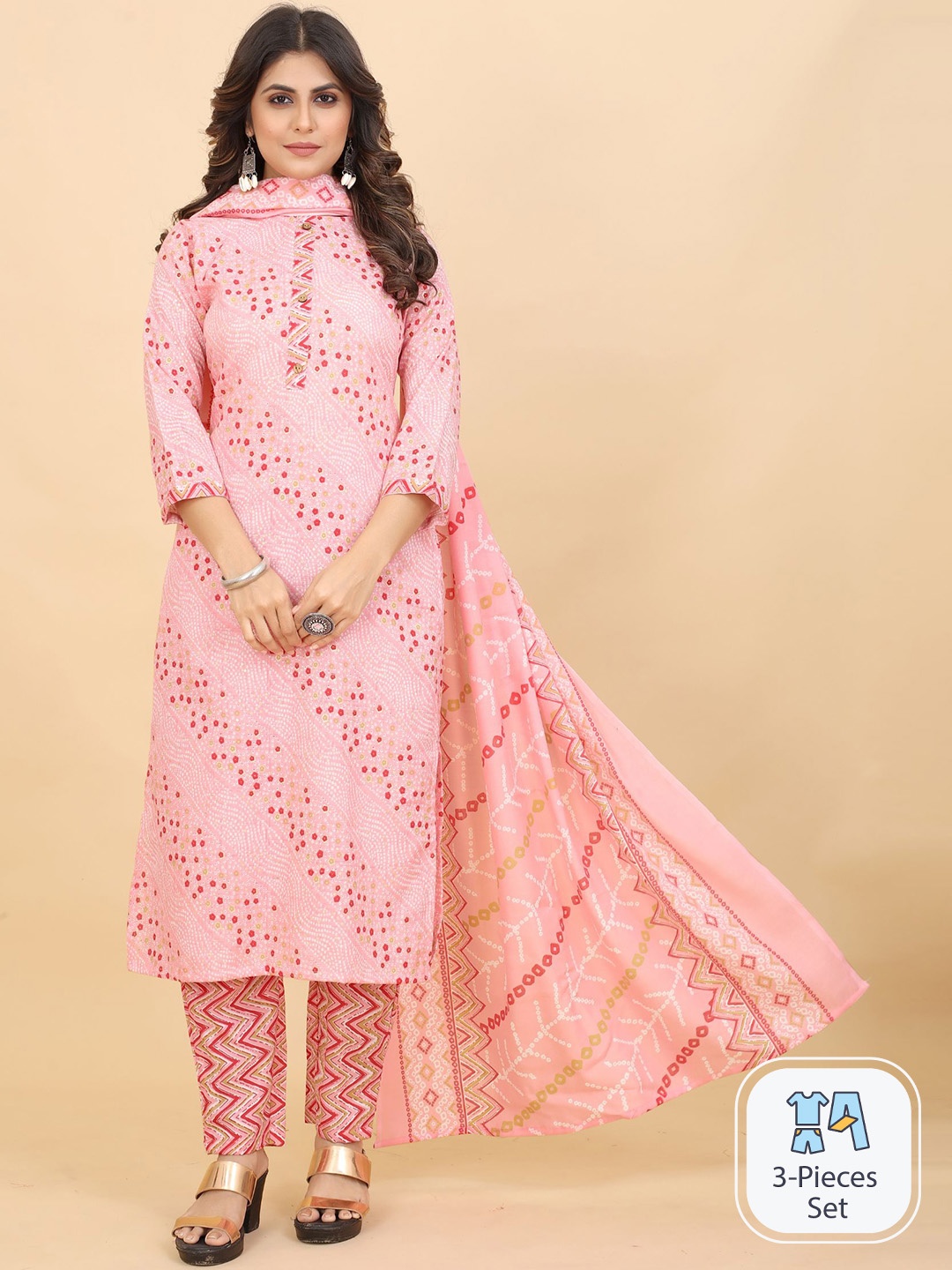 

KALINI Bandhani Printed Straight Kurta & Trousers With Dupatta, Peach