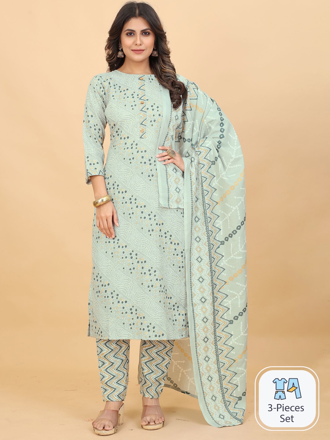 

KALINI Bandhani Printed Straight Kurta & Trousers With Dupatta, Sea green