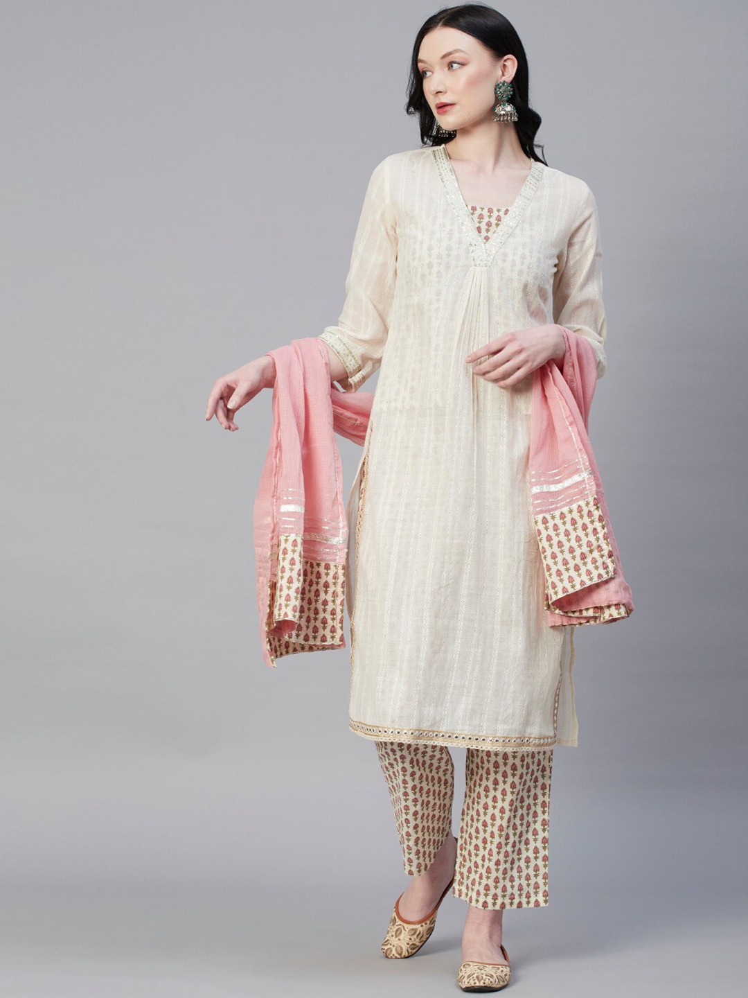 

FASHOR Off White Empire Pure Cotton Kurta with Trousers & Dupatta