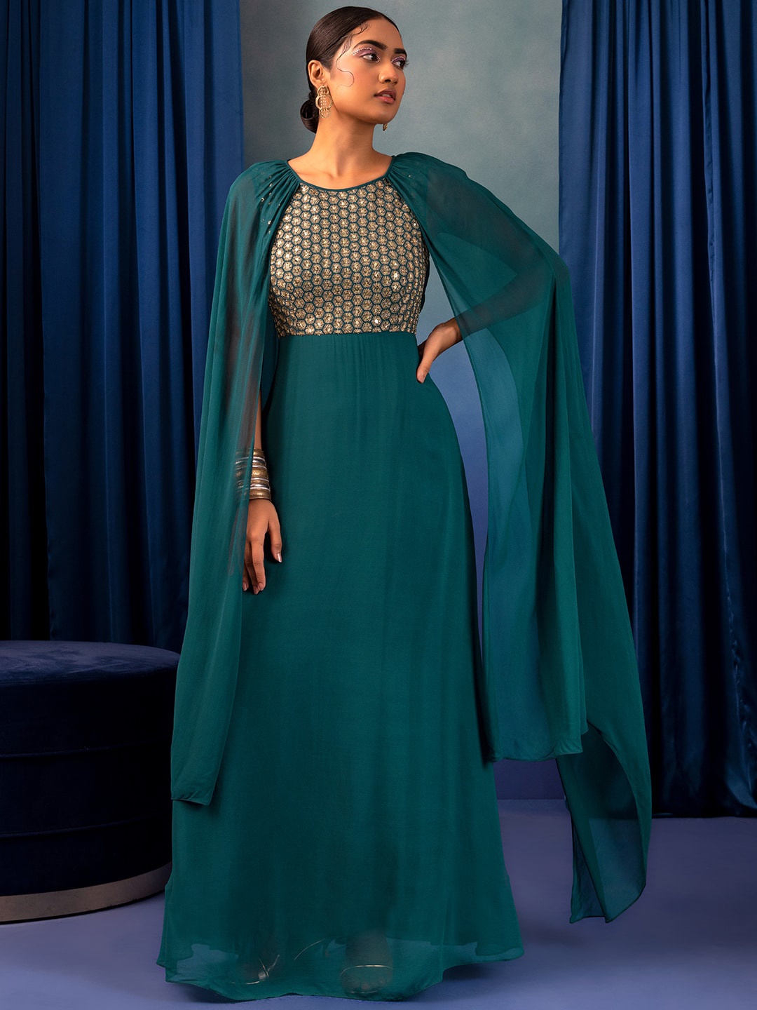 

Indya X Rohit Gandhi and Rahul Khanna Floral Embroidered Cape Sleeves Party Dress, Green
