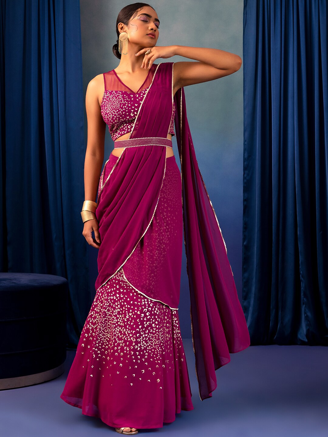 

Rang by Indya X Rohit Gandhi and Rahul Khanna Abstract Printed Ready to Wear Saree, Pink