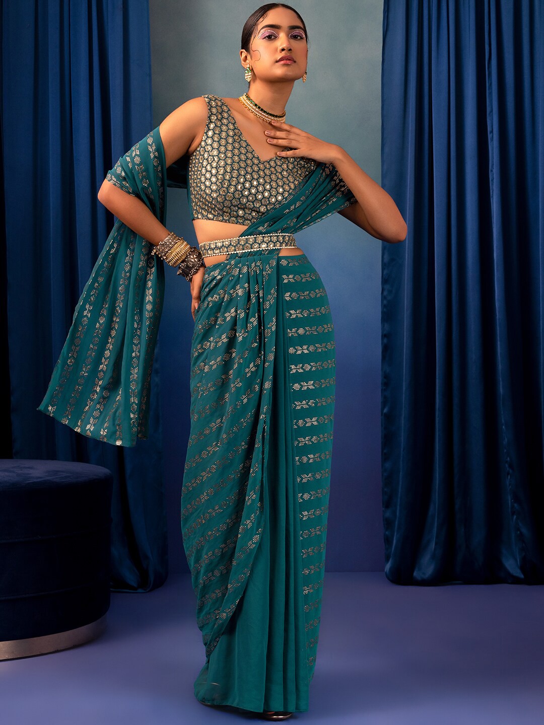 

Rang by Indya X Rohit Gandhi and Rahul Khanna Embellished Beads and Stones Saree, Green
