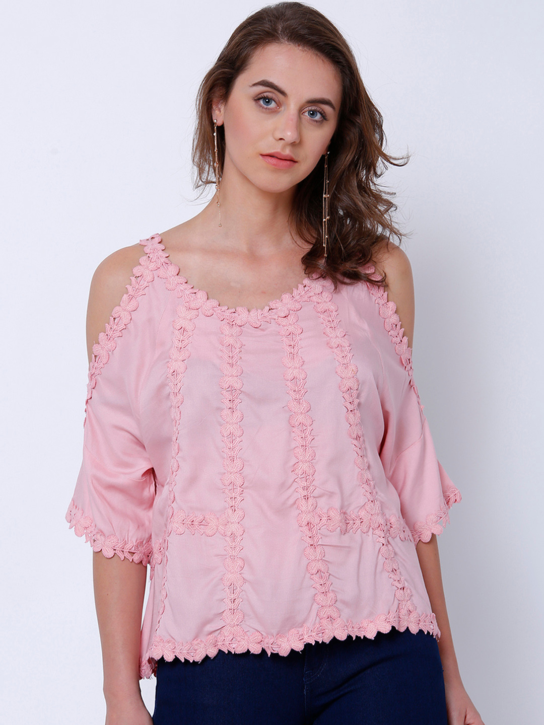 

Tokyo Talkies Women Pink Lace Insert Detailing Top