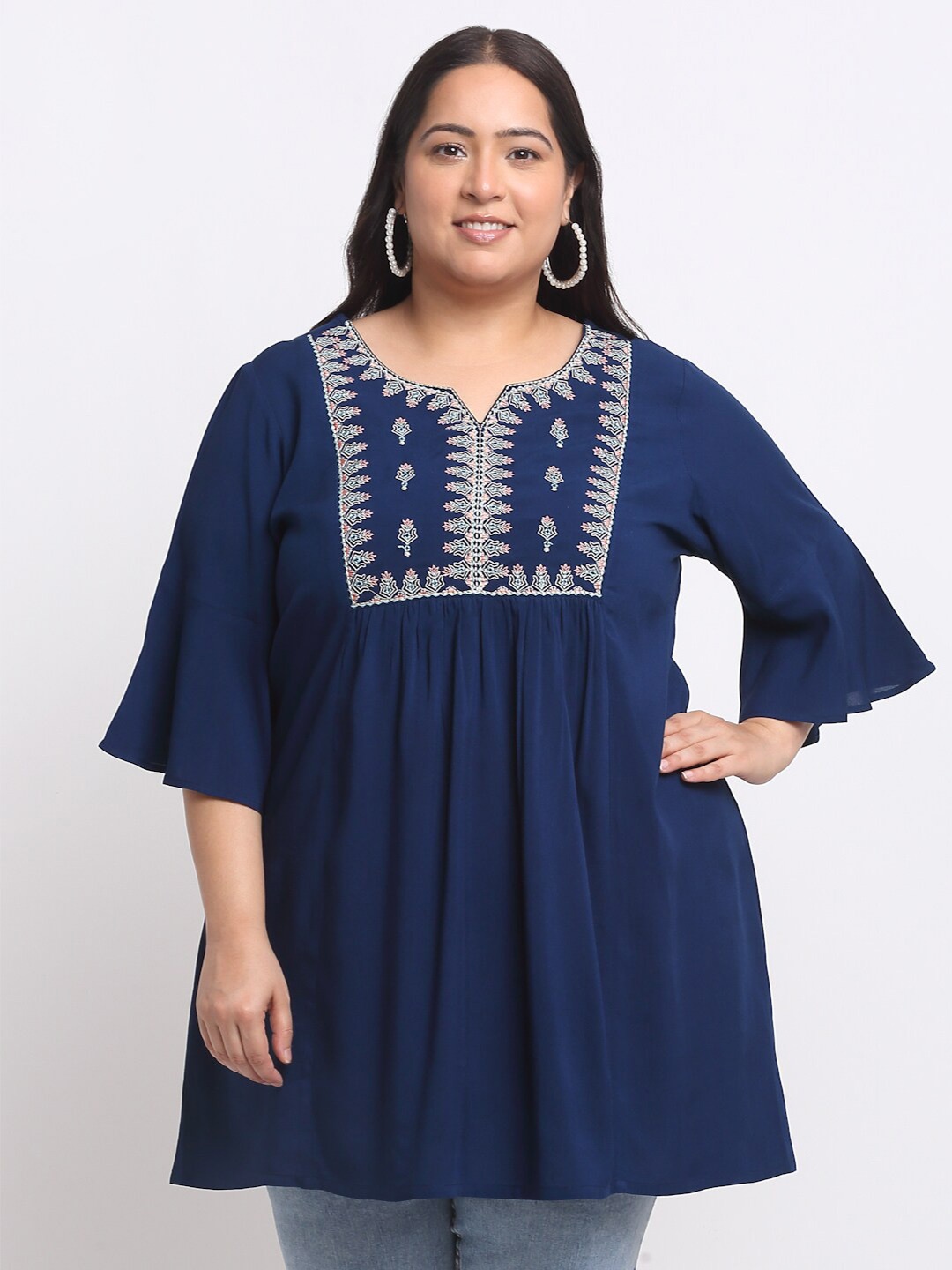 

plusS Plus Size Floral Embroidered Flared Sleeve Peplum Top, Navy blue
