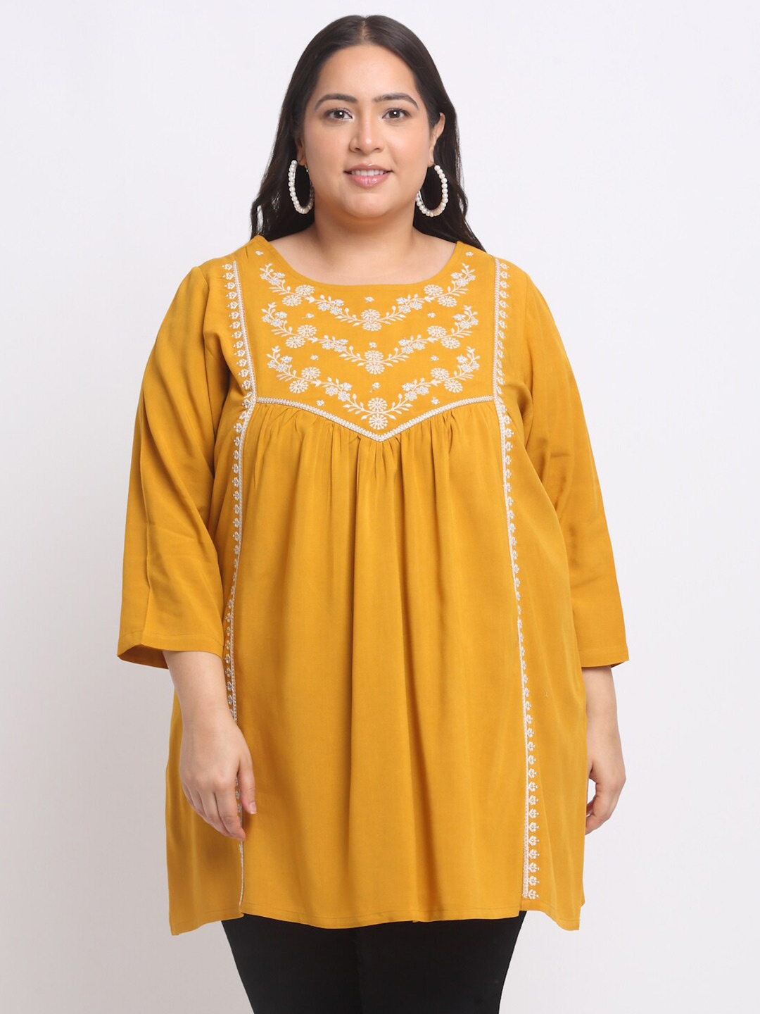 

plusS Plus Size Floral Embroidered Peplum Top, Yellow